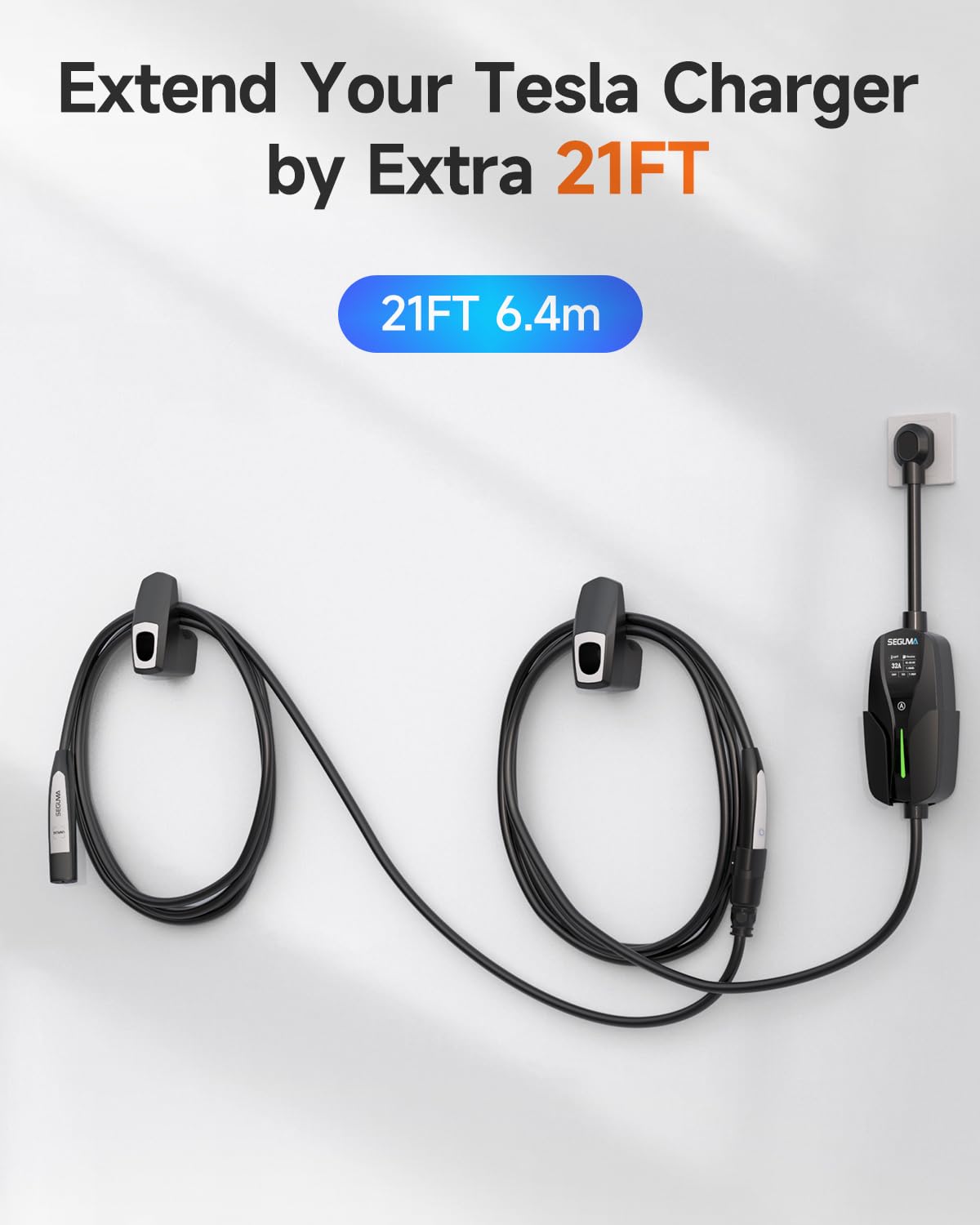 40Amp 21ft 240V EV Charger Extension Cable - NACS Compatible for Tesla Model Y/X/3/S/Cyber-truck - Level 1 & 2 Charging - Perfect for Home, Garage & Road Trip Charging