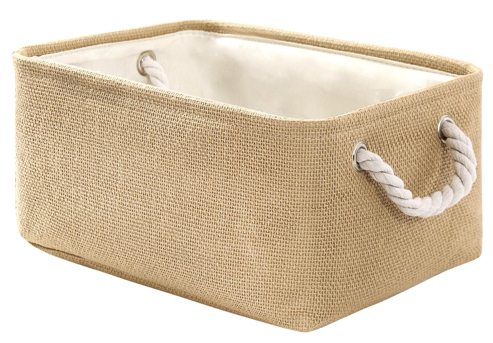 Decorative Fabric Storage Basket with Handles - Rectangular Clothes Organizer Bin for Home, Bedroom & Closet (Beige, Medium 13.8