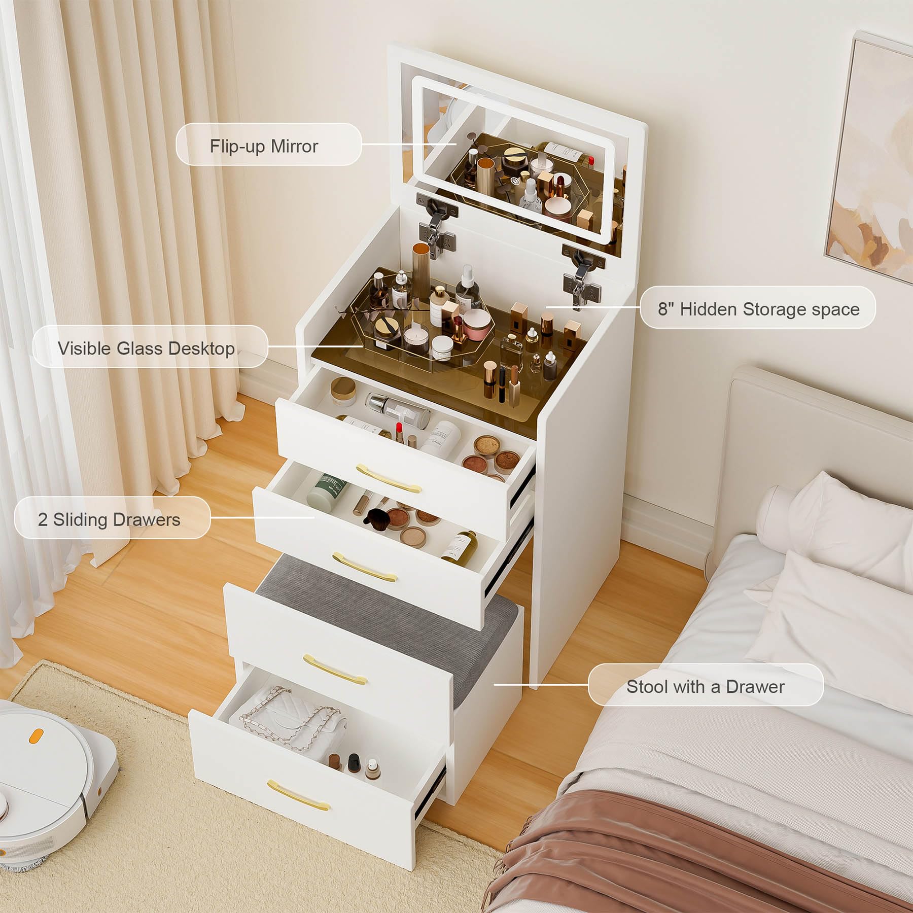 3 in 1 Compact Vanity Desk with Flip-Up Mirror & LED Lights - Small Makeup Table with 3 Drawers, Storage Stool & Glass Top - Multifunctional Dressing Table for Bedroom, Bathroom or Dorm Room - White (Medium)