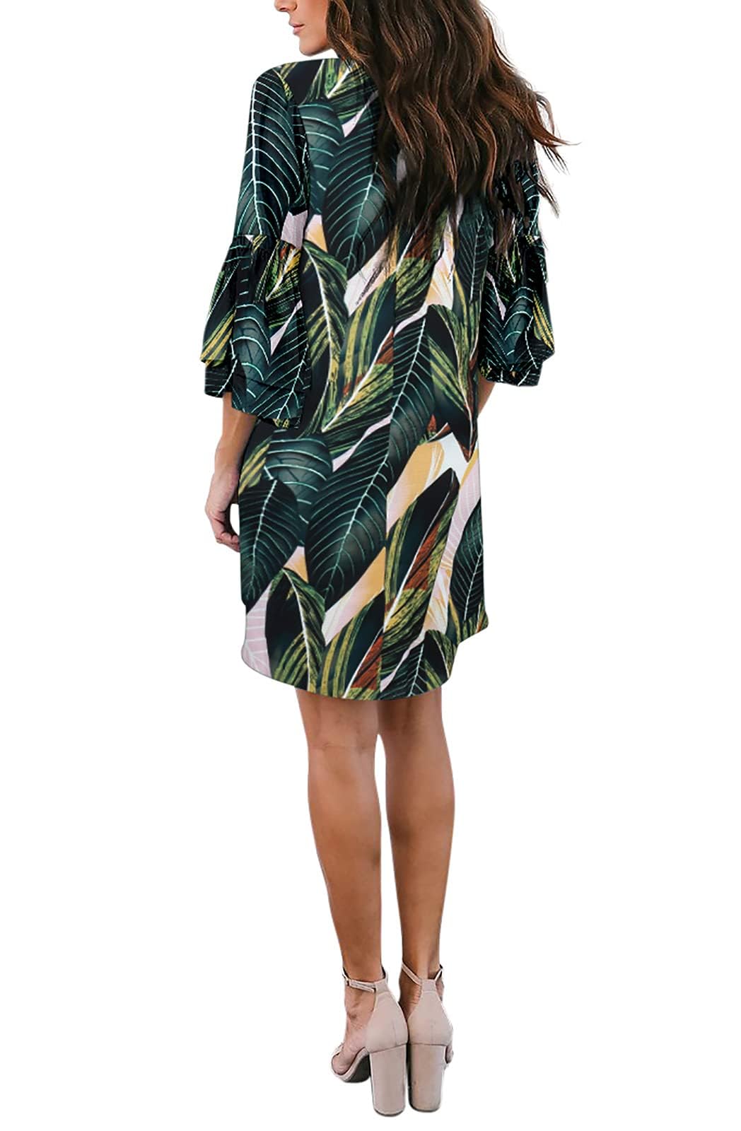 BELONGSCI Women's 2025 Summer Floral V-Neck Bell Sleeve Shift Mini Dress - Sweet & Cute Casual Sundress for Beach, Wedding, Graduation, Party & Date Night