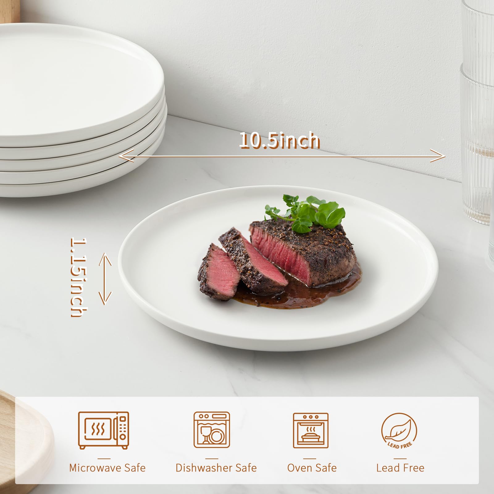 Jassceram 10.5 Inch White Ceramic Dinner Plates Set of 6 - Round Salad Plates for Kitchen, Restaurant & Home Use | Microwave, Oven & Dishwasher Safe | Scratch Resistant & Lead-Free | Perfect for Daily Meals, Parties & Formal Dining
