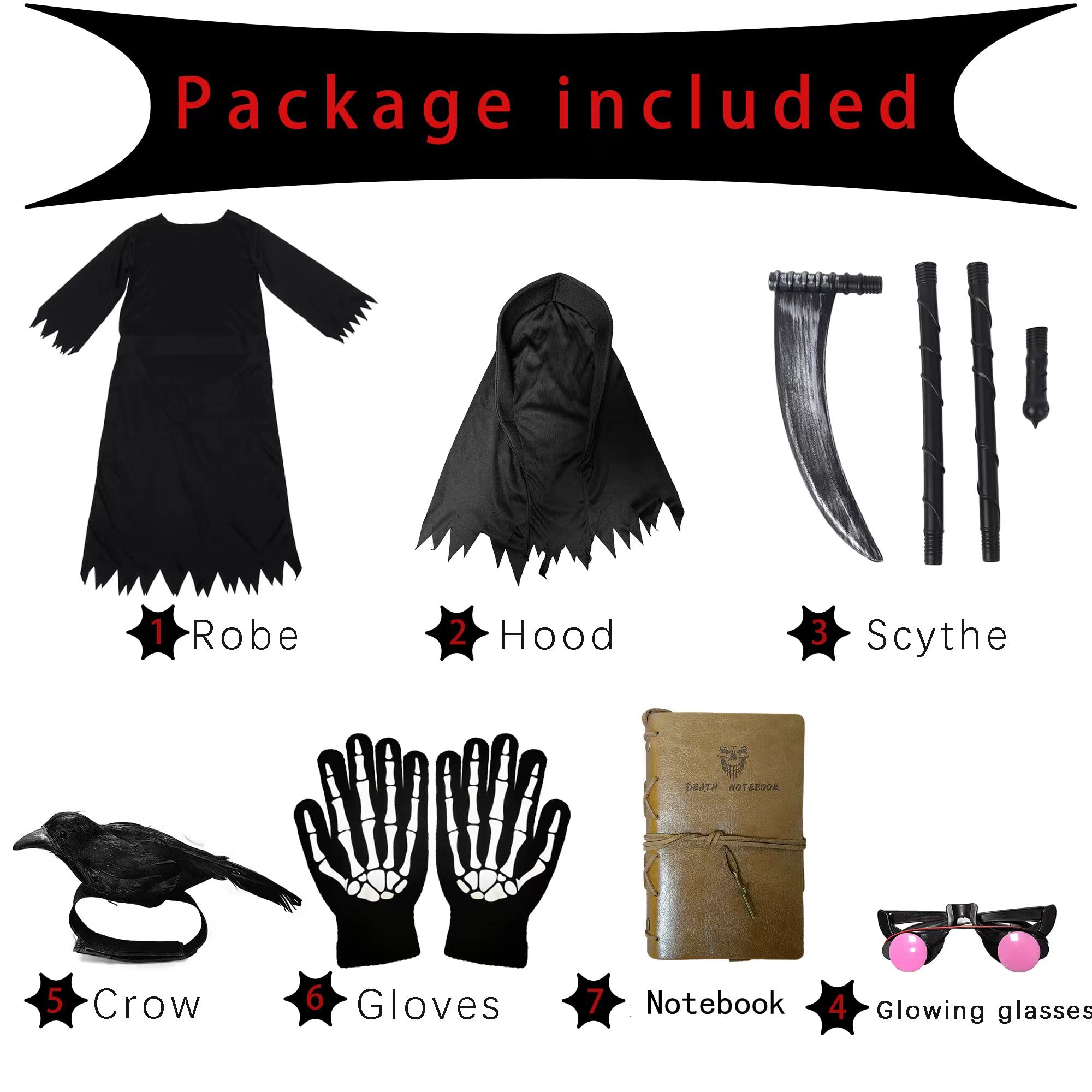 Grim Reaper Costume for Boys - Scary Halloween Outfit Kids Set with Scythe | Ghost Cosplay Costume for Halloween Party & Trick or Treat | Perfect Halloween Gift for Boys