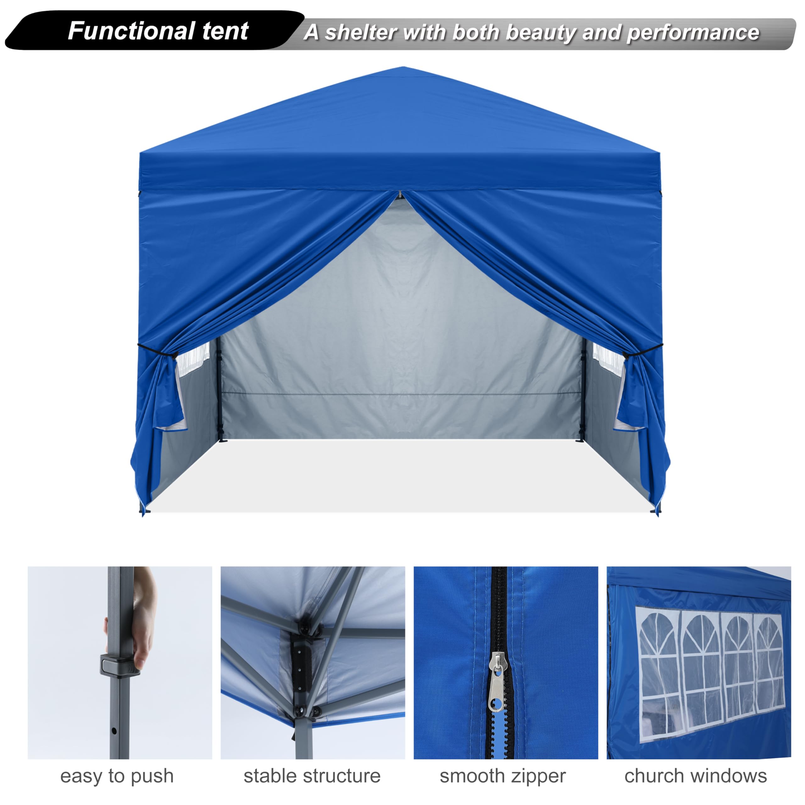 10x10 Pop Up Canopy Tent with Zippered Side Walls & Church Windows - ABCCANOPY Instant Shelter Includes 4 Weight Bags (Royal Blue) - Perfect for Outdoor Events, Farmers Markets, Church Gatherings & Beach Parties