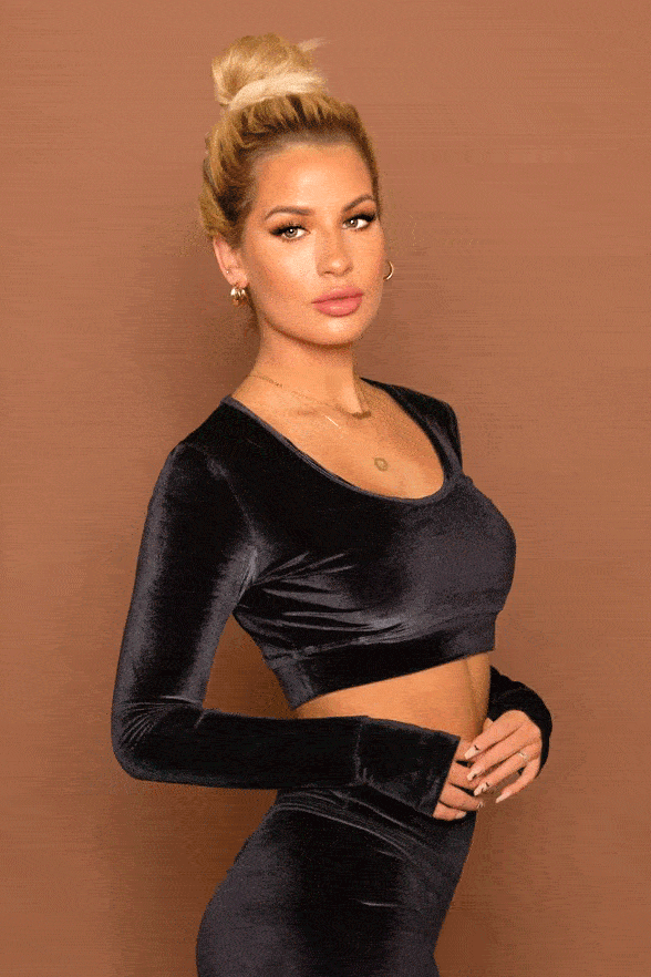 Velvet Long Sleeve LA Crop Top in Licorice - Trendy Women's Fashion for Casual Outings & Nightlife