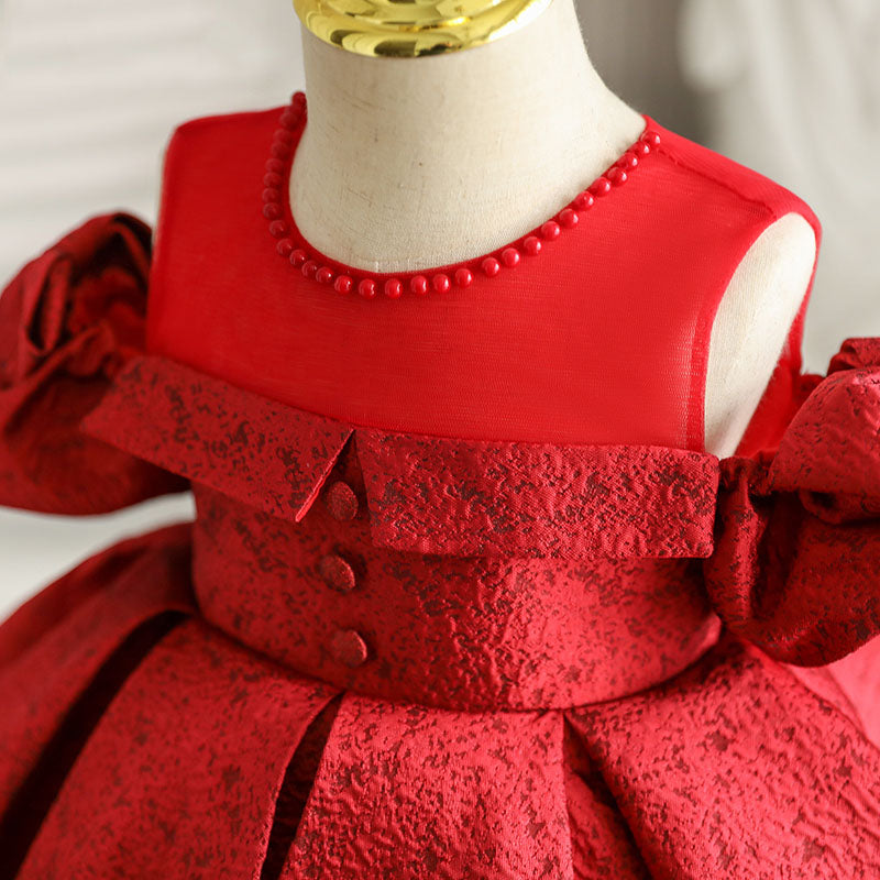 Red Satin A-Line Flower Girl Dress with Cold Shoulder Bow - Elegant Knee-Length Dress for Weddings, Parties & Special Occasions