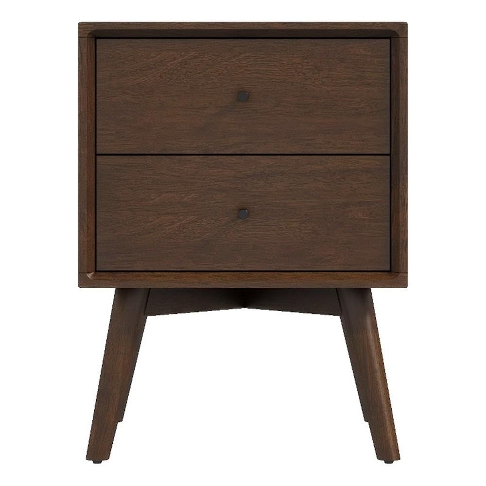 Allora Mid-Century Modern Solid Wood 2-Drawer Nightstand - Brown Finish Bedside Table for Bedroom, Living Room & Guest Room Storage