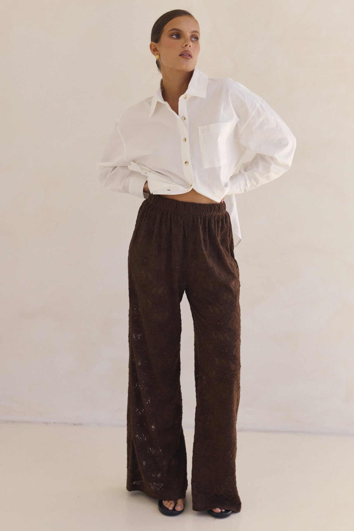 Isola Lace Pant Chocolate Brown - Elegant Lace Pants for Women, Comfortable High Waist Stretch Trousers - Perfect for Office Wear, Date Night & Special Occasions