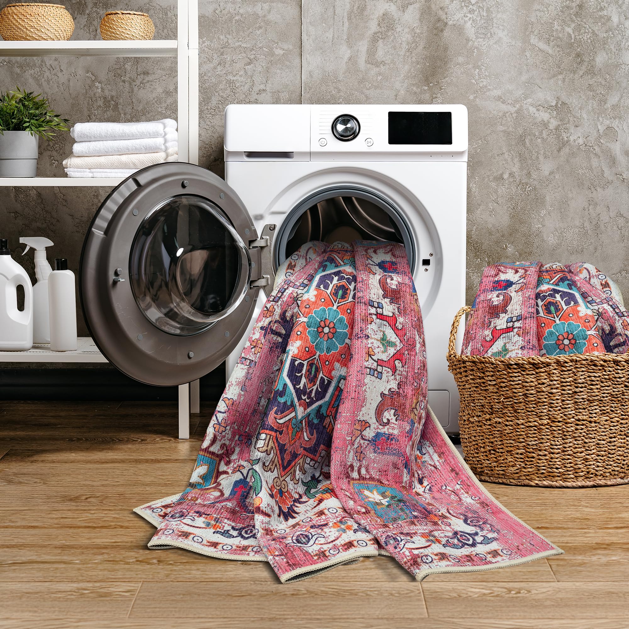 GLN Rugs Traditional Collection - Machine Washable Non-Slip Low Pile Chenille Area Rug for Living Room, Bedroom & Kitchen (2'6