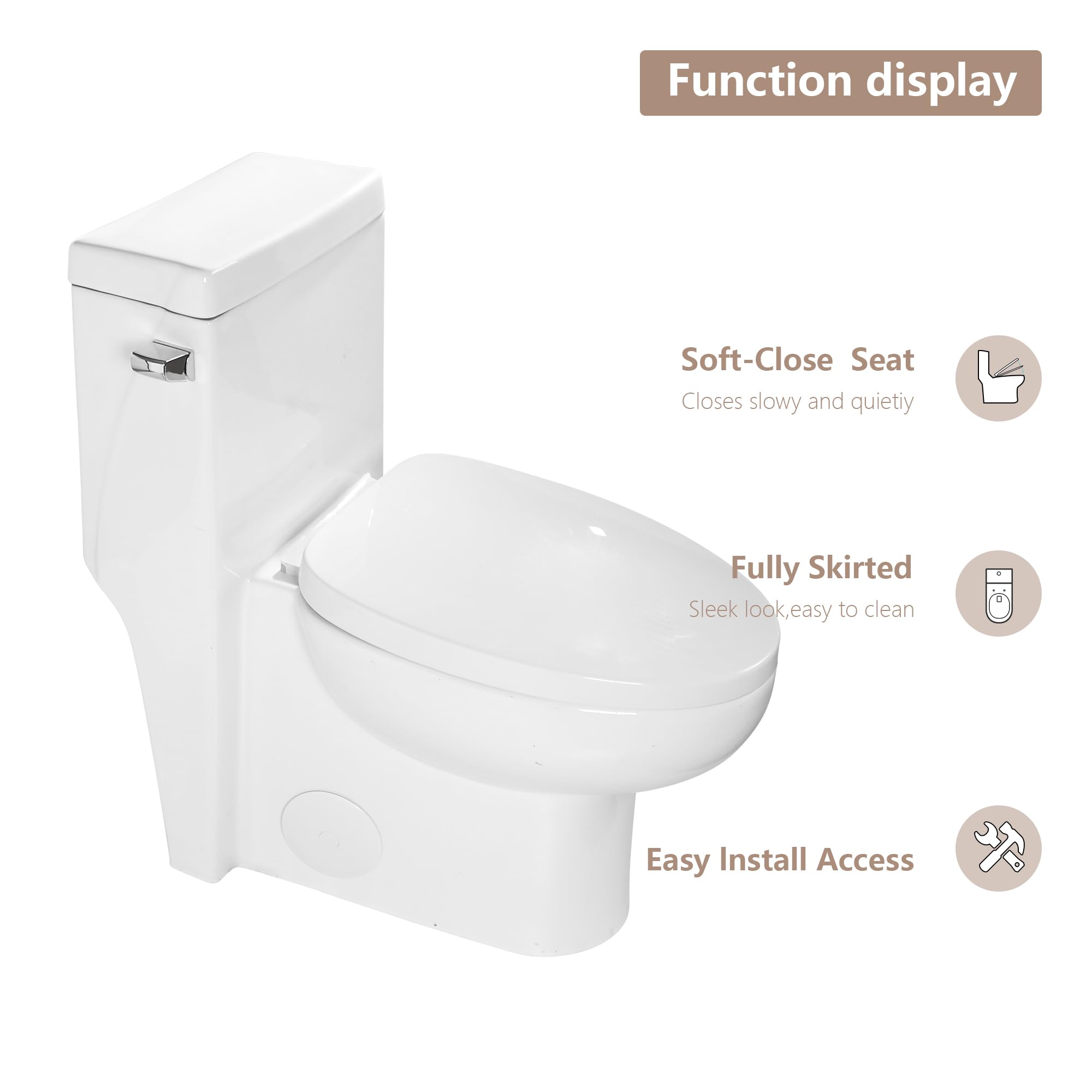 Lordear One Piece Toilet with Comfort Soft Seat - Elongated Single Flush 1.28 GPF White Ceramic Bathroom Toilet, 12