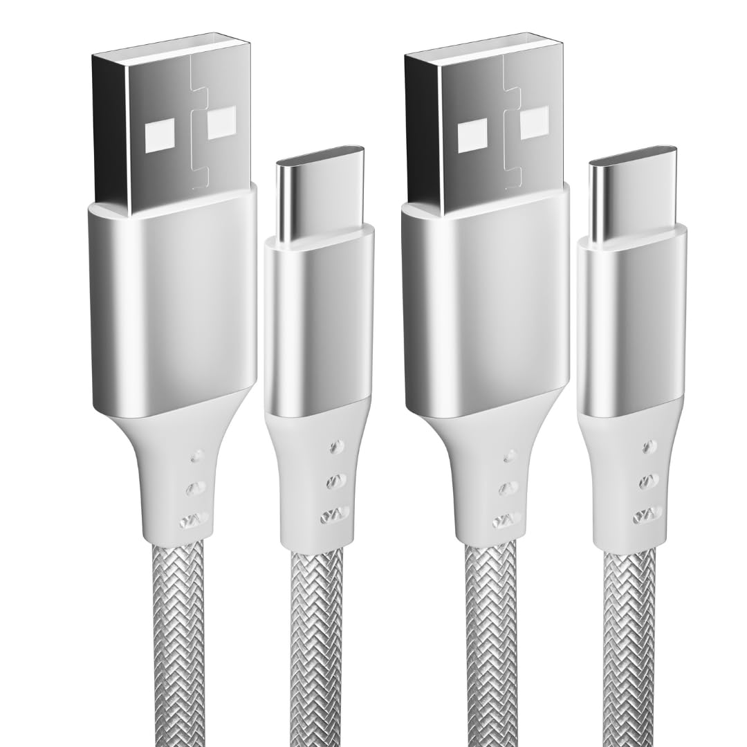 2-Pack White 2M USB A to USB C Fast Charging Cable - Durable Braided Type C Charger Cord for iPhone 15/14/13 Series, Samsung Galaxy S23/S22, Nintendo Switch, PS5, Huawei & Google Pixel 6/7/8 Pro - Perfect for Home, Office & Travel Charging