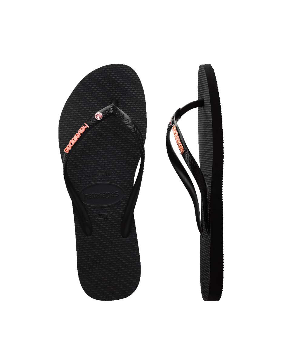 Havaianas Women's Slim Flip Flops with Metal Logo & Crystal Accents - Comfortable Summer Sandals for Beach, Pool, and Casual Wear