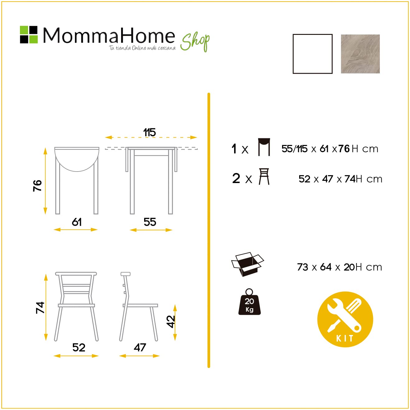 MOMMA HOME Extendable Kitchen Dining Table Set with 2 Chairs - White - Space Saving Expandable Table for Small Kitchens, Breakfast Nooks & Apartments