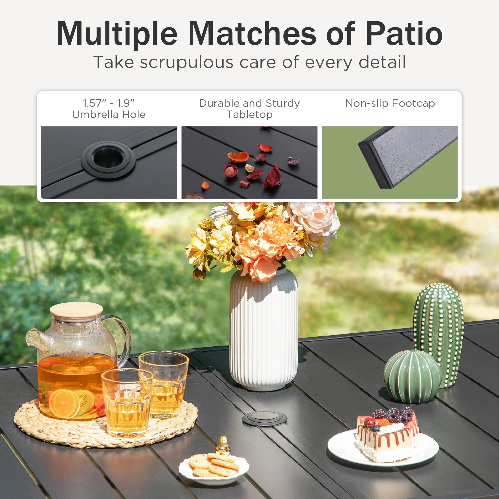 PHI VILLA 6-Piece Outdoor Patio Dining Set with Adjustable Folding Chairs & Red Umbrella - Large Rectangle Table for Backyard, Deck, Garden - Perfect for BBQs, Poolside Gatherings & Outdoor Entertaining (Black)