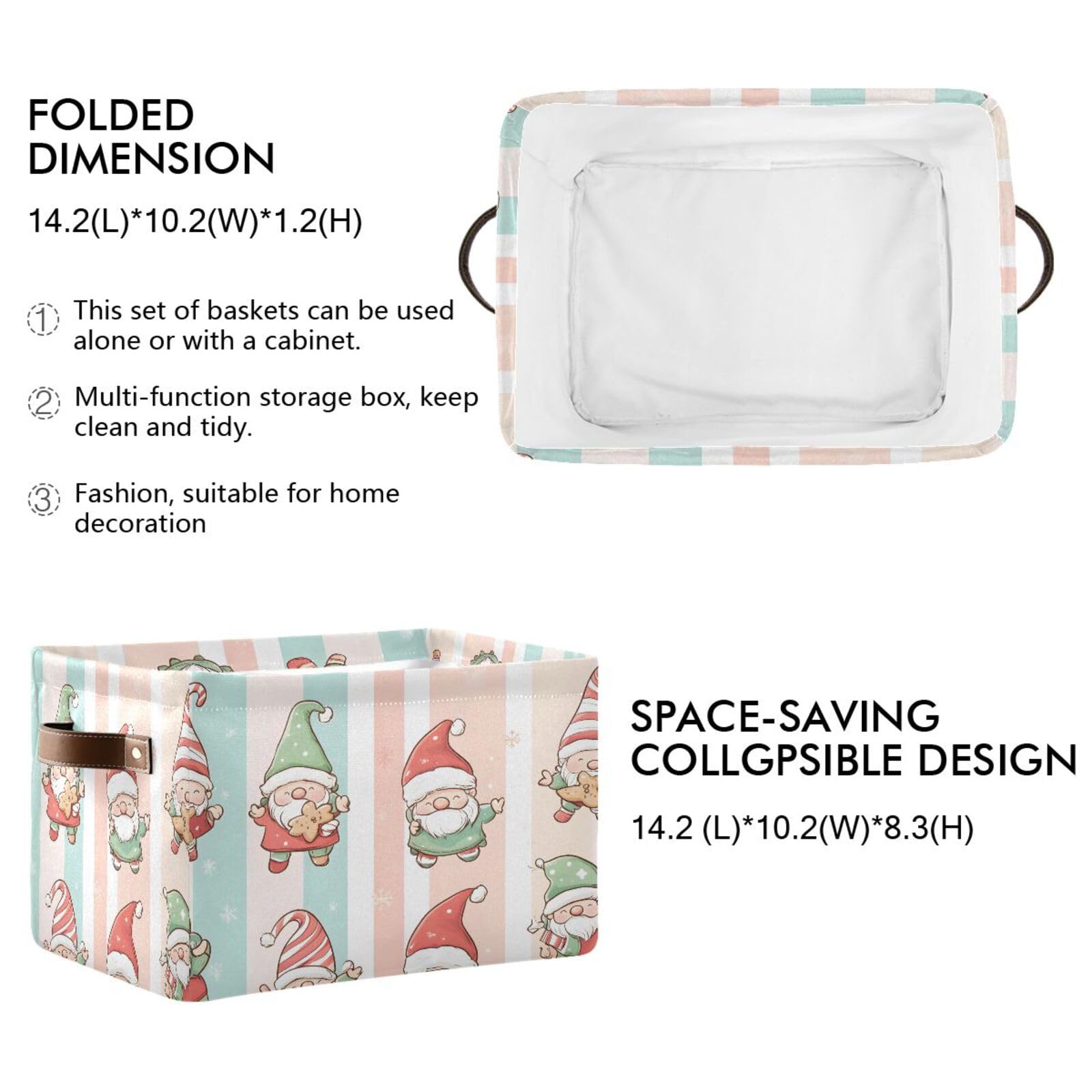 Collapsible Canvas Storage Baskets with Leather Handles - 2 Pack Rectangular Shelving Bins for Home Organization | Christmas Gnome Decor for Bedroom, Closet & Living Room Storage Solutions