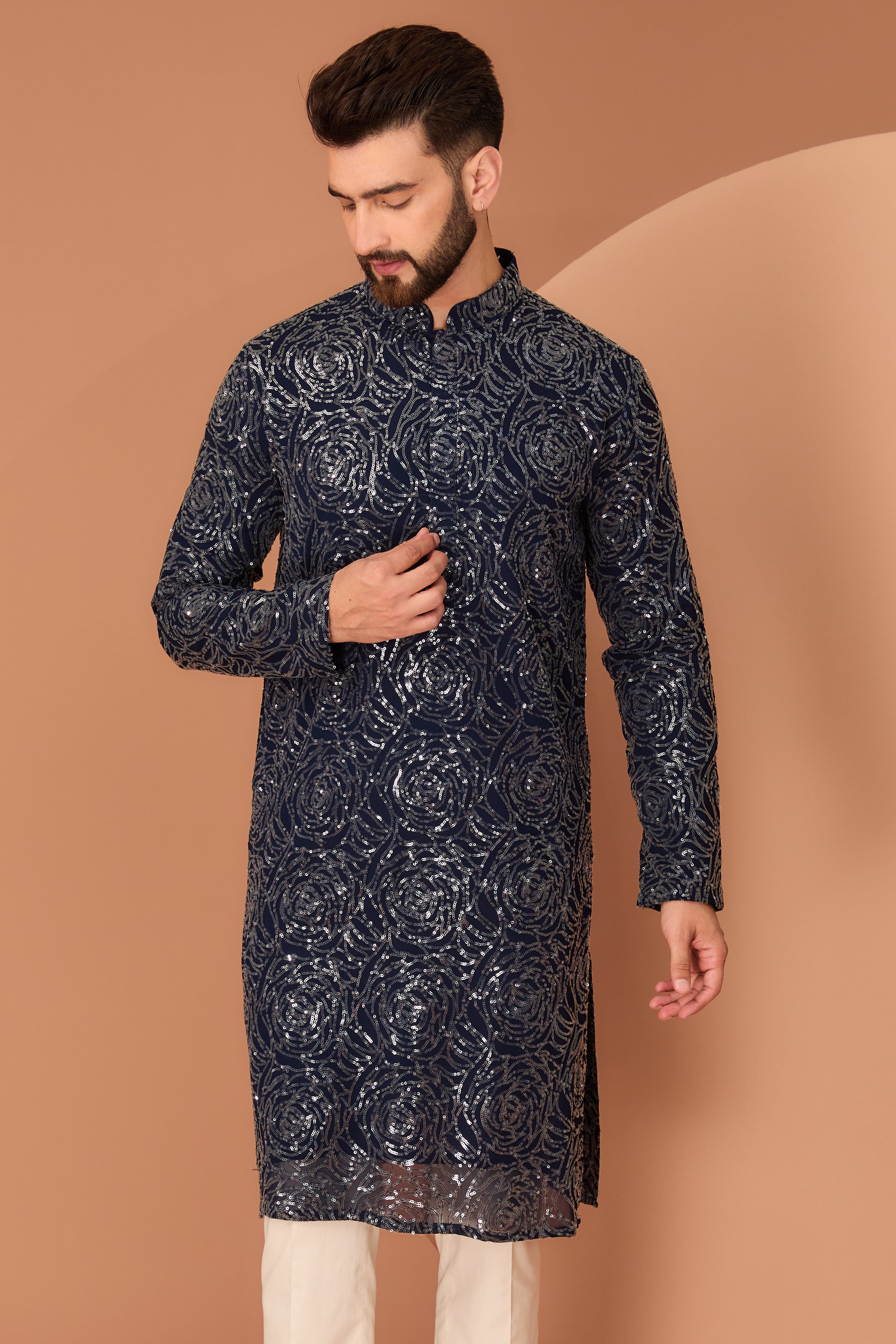 Elegant Midnight Blue Fully Sequined Kurta with Floral Embroidery - Perfect for Festivals, Weddings & Special Occasions