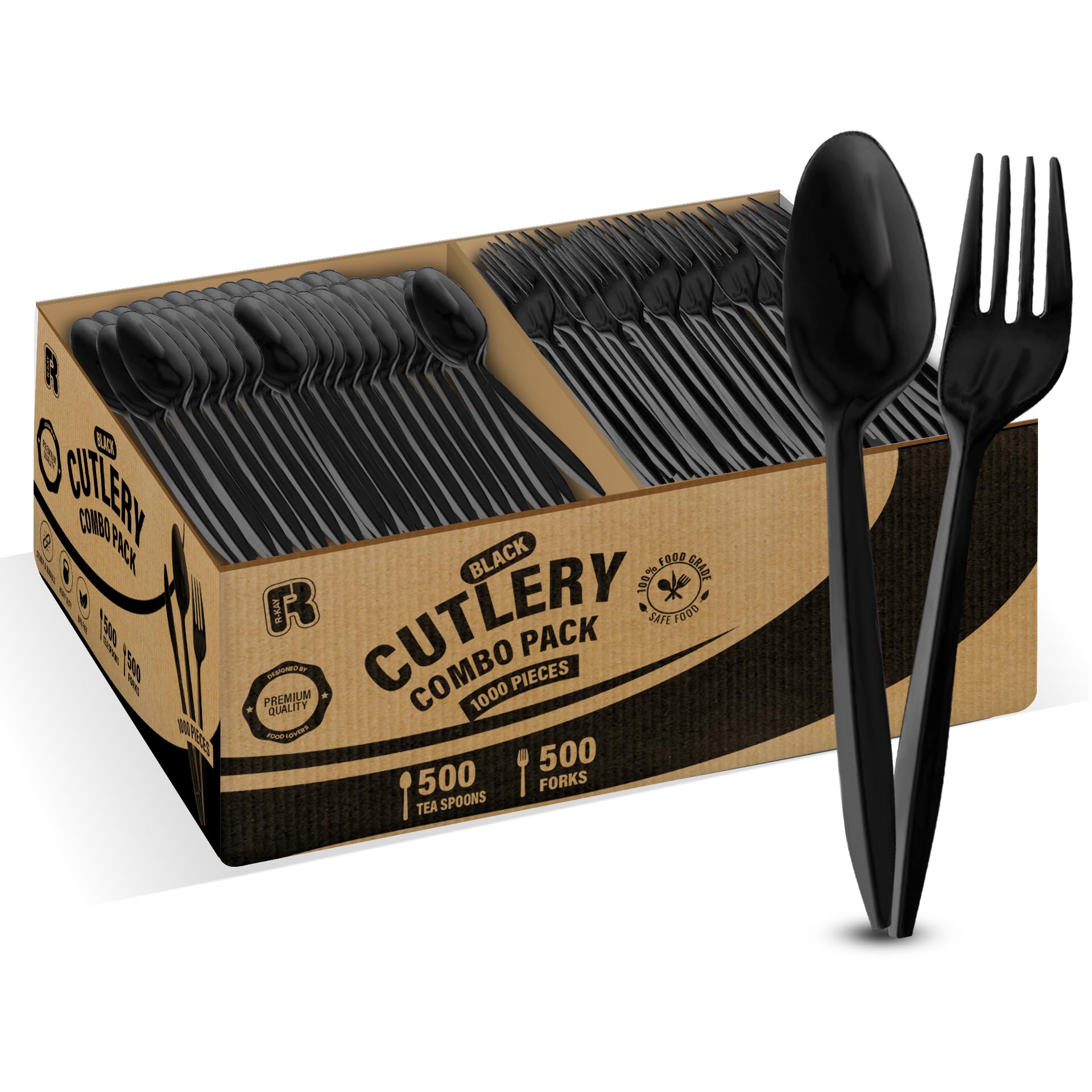 1000 Pcs Black Plastic Utensils Set - 500 Forks & 500 Spoons, Bulk Disposable Cutlery for Parties, Picnics, Catering & Events - Heavy Duty Plastic Flatware Set for Outdoor Dining & Takeout