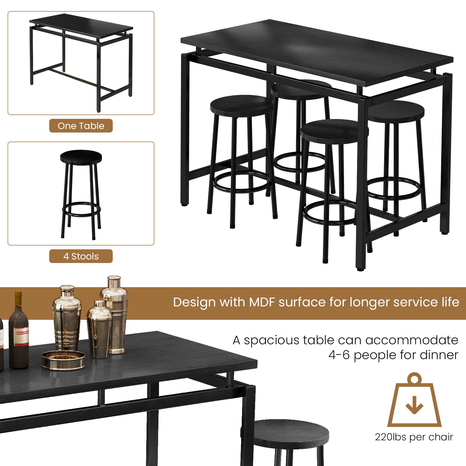 DKLGG 5-Piece Wooden Dining Table Set for 4 - Small Kitchen Table with 4 Stools, Space-Saving Bar Height Table & Chairs Set - Perfect for Breakfast Nook, Small Apartments & Cozy Dining Spaces