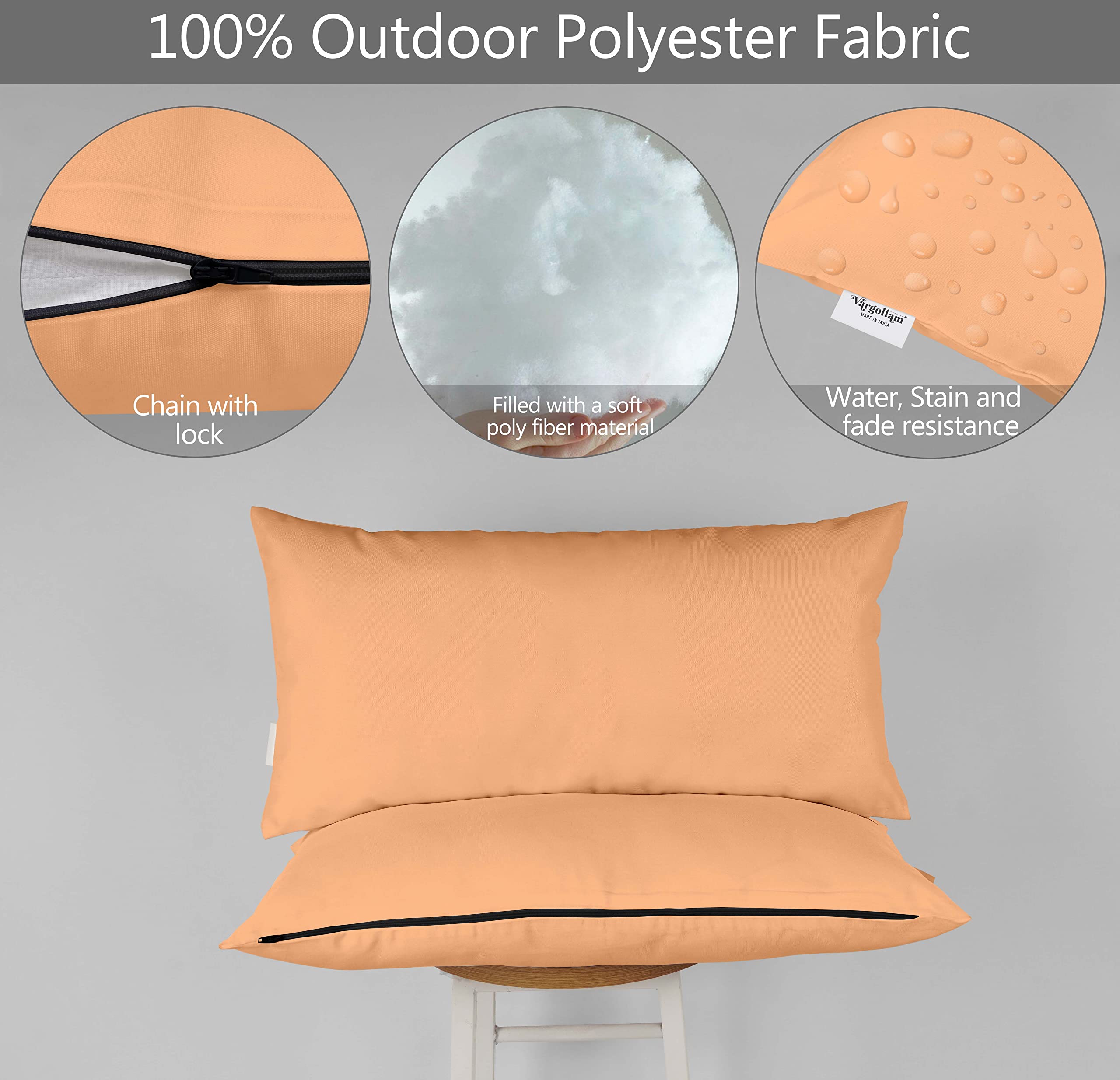 All-Weather Waterproof Indoor/Outdoor Decorative Lumbar Pillow Set of 2 - Light Peach Polyester Fabric with Insert - Perfect for Patio Furniture, Sofa & Bed Decor