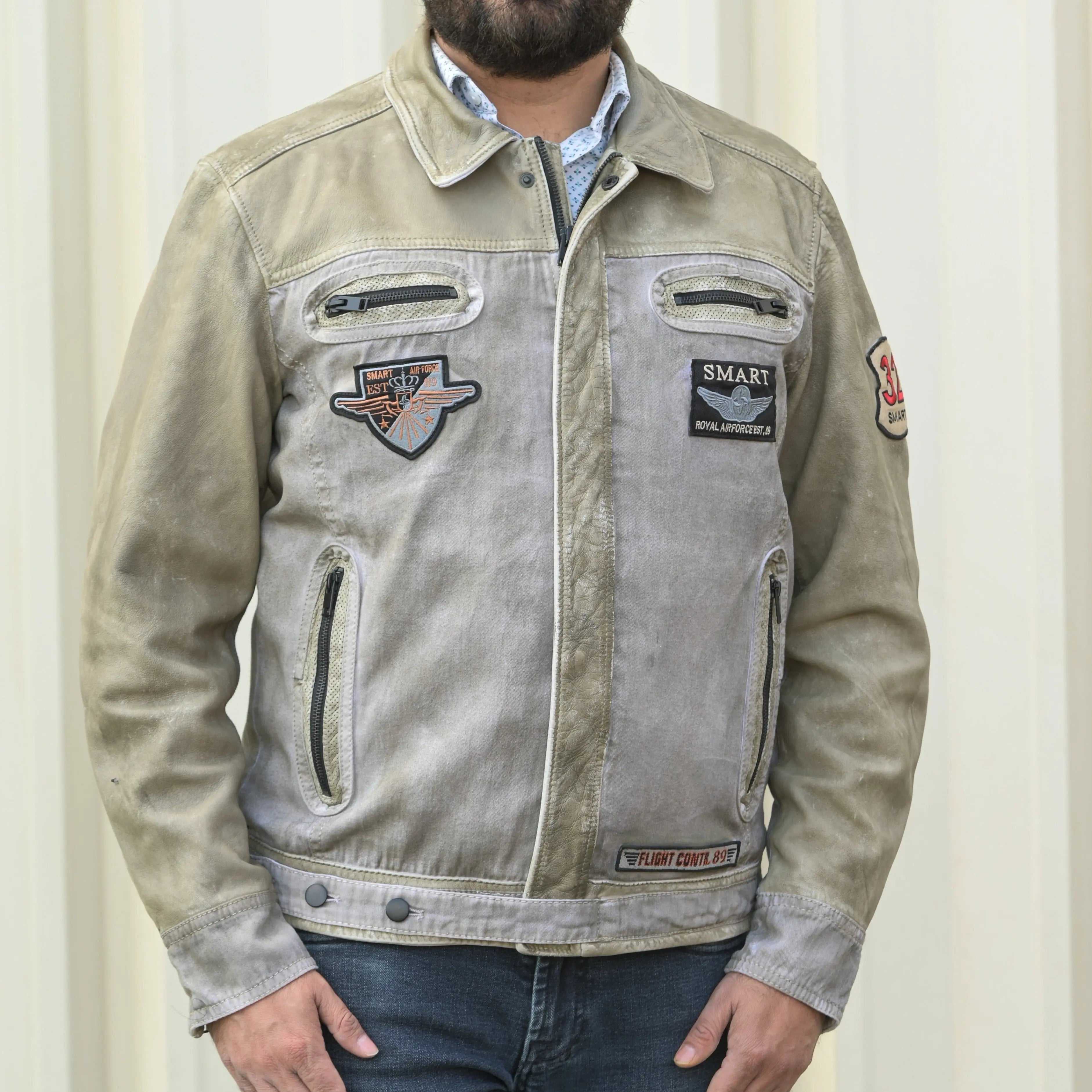 Men's Vintage Leather & Twill Bomber Jacket with Military Patches & 4 Zippered Pockets - Perfect for Casual Outings & Motorcycle Rides
