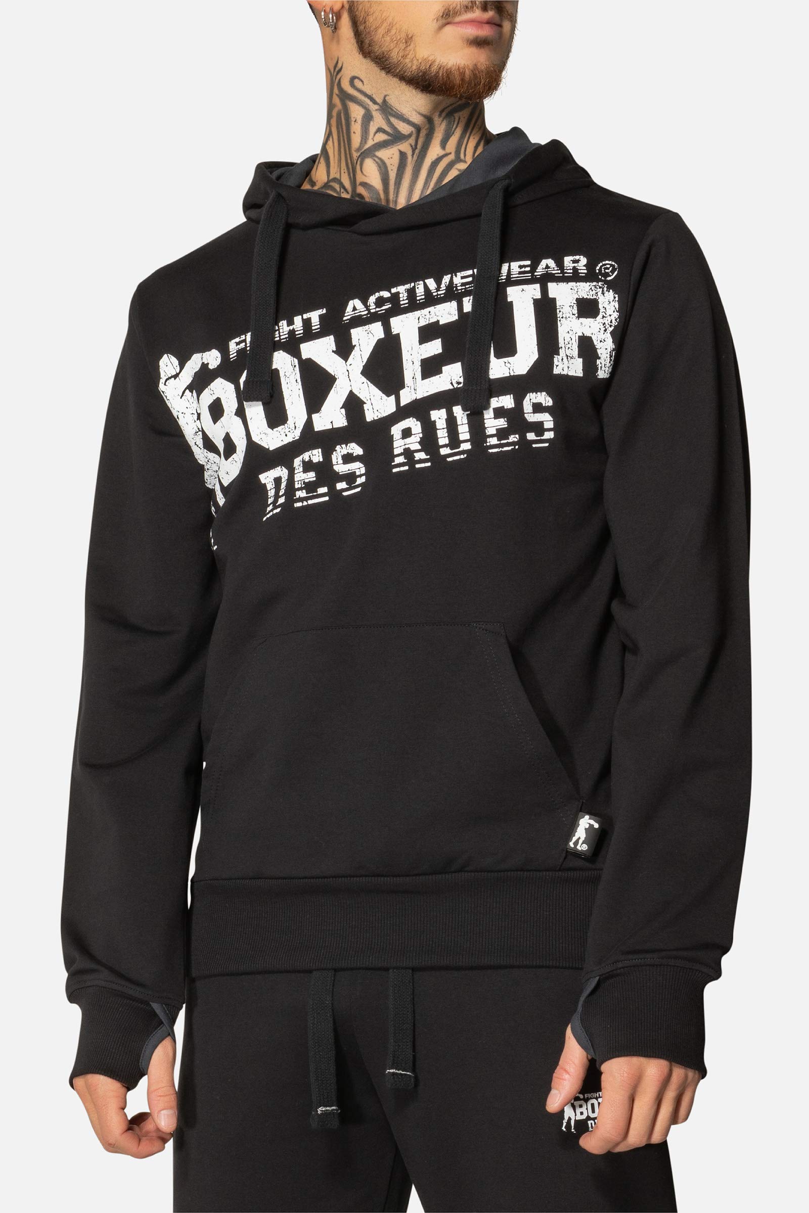 BOXEUR DES RUES - Black Hoodie with Thumb Holes for Men | Streetwear Fashion | Perfect for Gym, Running & Casual Wear