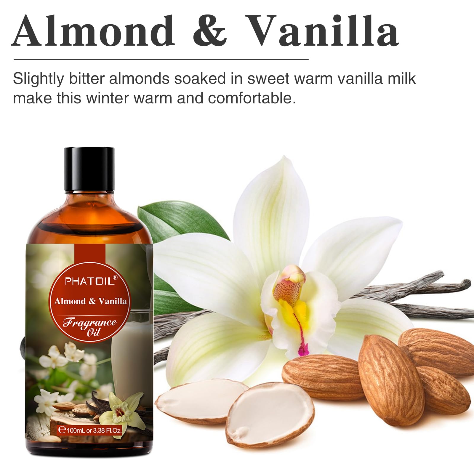 Premium Almond & Vanilla Essential Oil for Diffusers - 100ml (3.38 FL.OZ) Aromatherapy Oil for Home, Humidifiers, Yoga, DIY Candles & Soap Making - Relaxing Scent for Spa, Meditation & Stress Relief