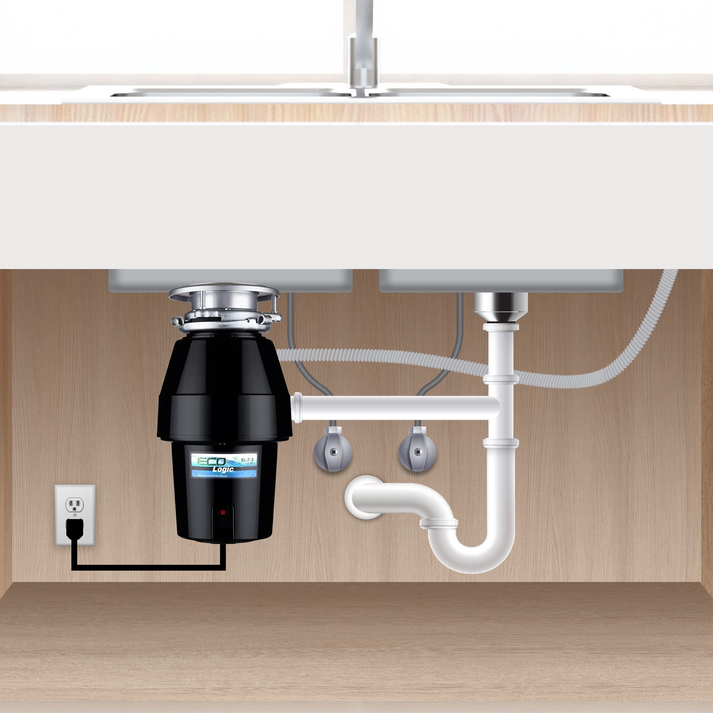 Eco Logic 1/2 HP Continuous Feed Garbage Disposal with Removable Splash Guard, Power Cord & 3-Bolt Mount - Mid Duty Kitchen Waste Disposer for Sinks (Black) - Perfect for Home Kitchens, Apartments & Small Restaurants