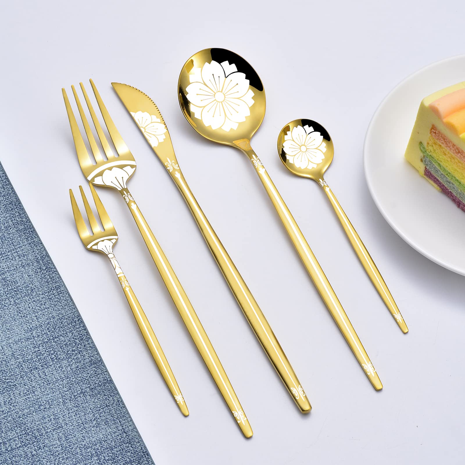 20-Piece Stainless Steel Gold Silverware Set with Elegant Pattern - Flatware Set for 4 People by LaienLife (Forks, Spoons, Teaspoon) - Mirror Polished, Dishwasher Safe - Perfect for Home Dining, Parties, and Kitchen Use