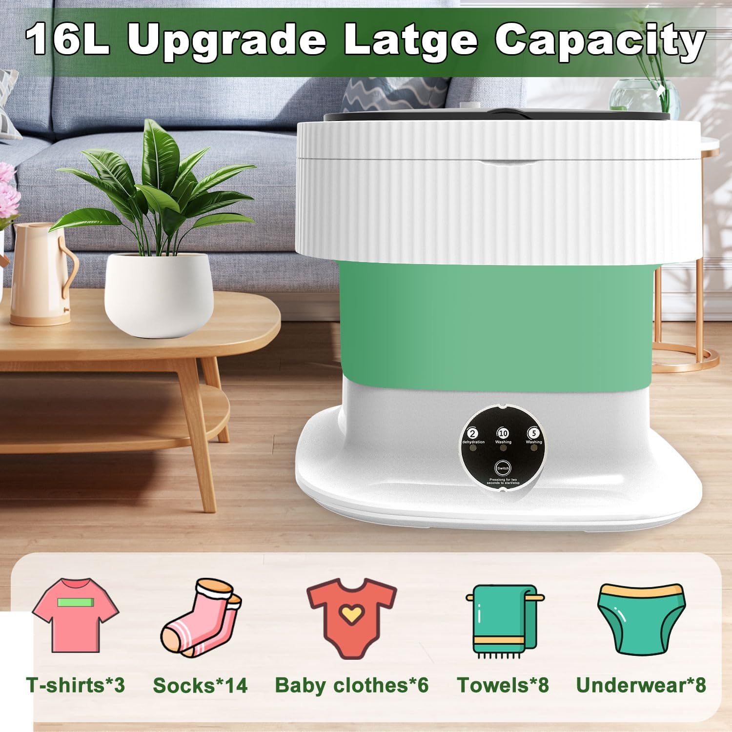 Mini Portable Washing Machine 16L with Spin Dryer - Foldable Travel Washer for Camping, RV, Dorms & Apartments | Green Compact Laundry Solution