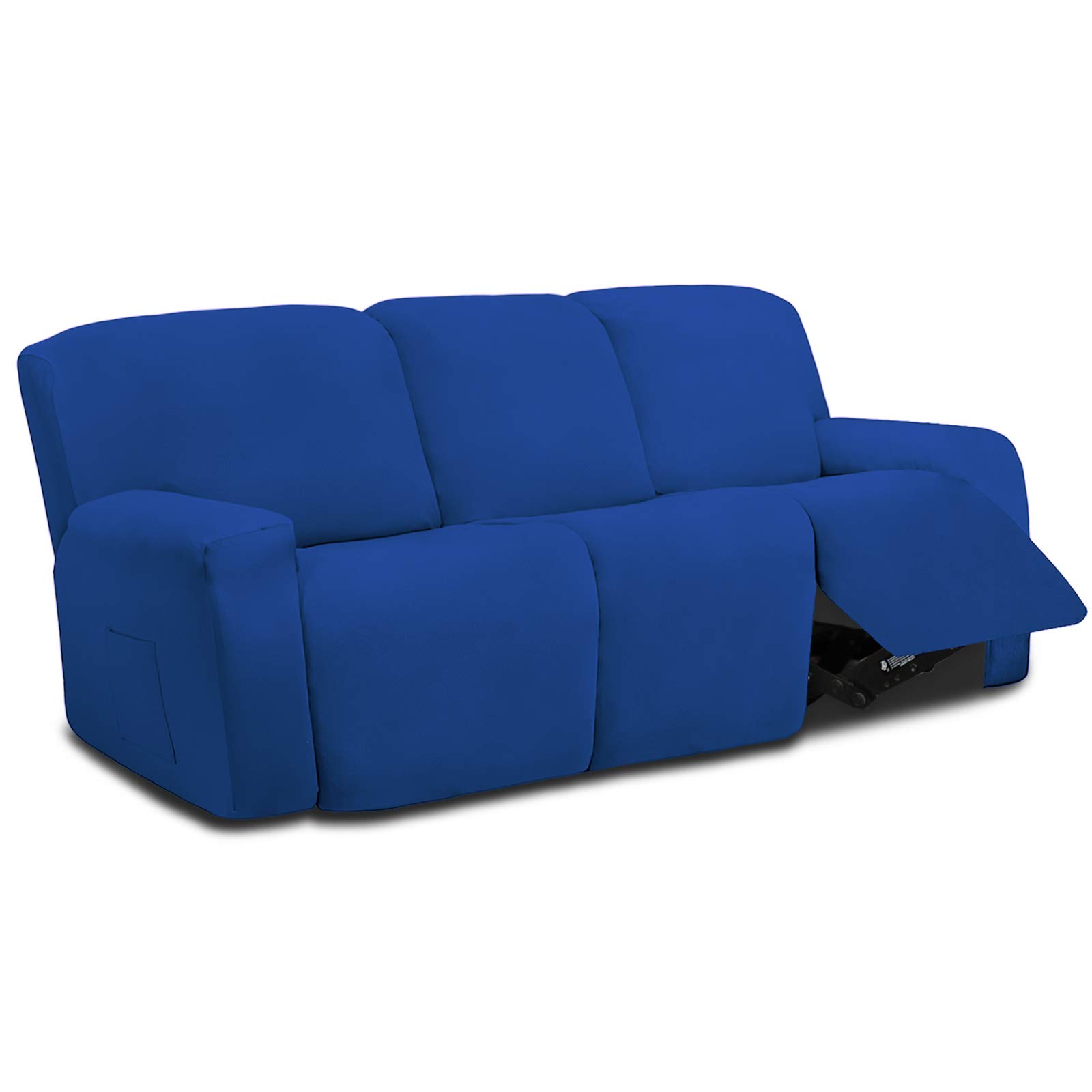 8-Piece Microfiber Stretch Sectional Recliner Sofa Slipcover - Soft Fitted Fleece 3-Seat Couch Cover - Washable Furniture Protector with Elasticity for Kids & Pets (Classic Blue) - Perfect for Living Room, Family Room & Home Theater Comfort
