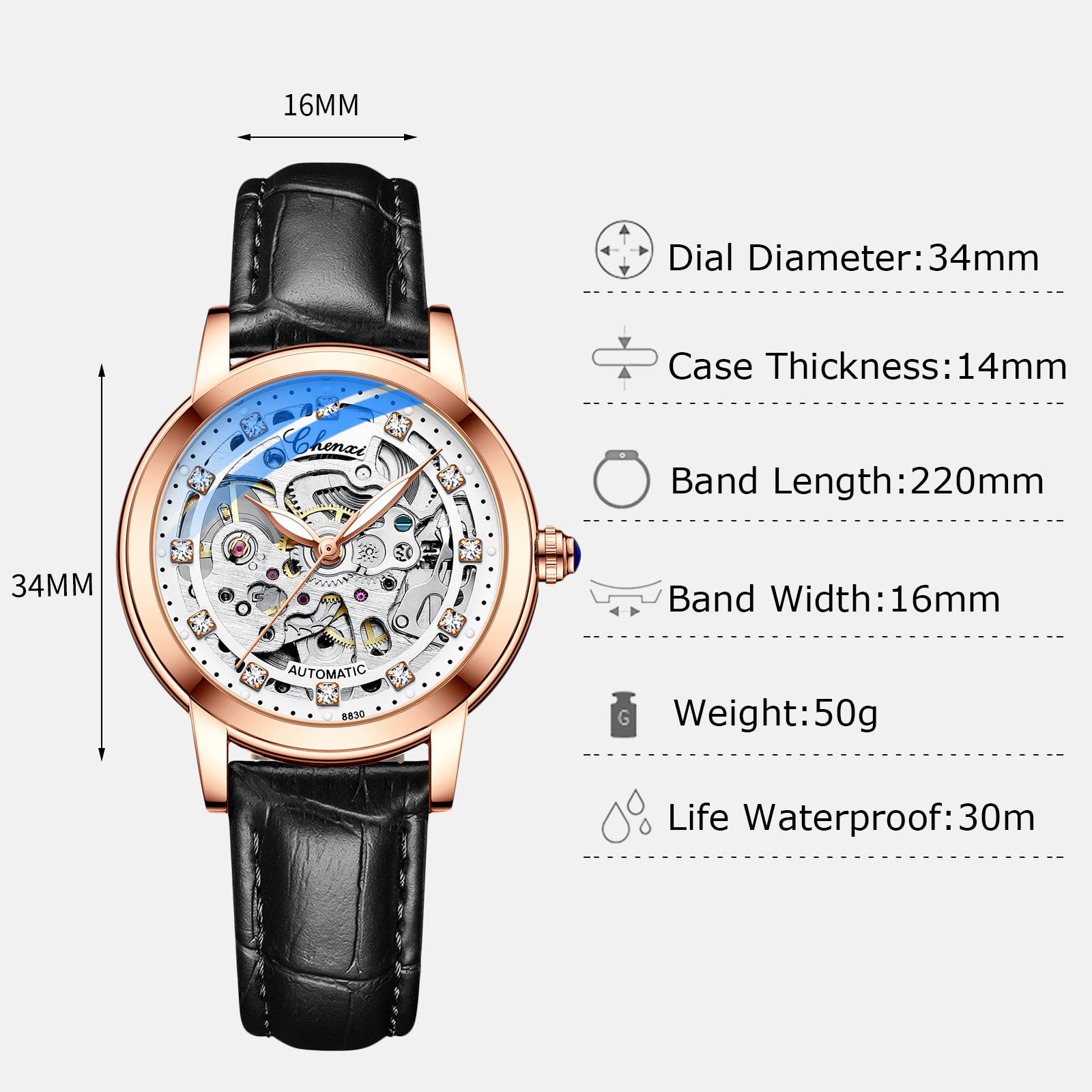 RORIOS Women's Automatic Self-Winding Mechanical Watch with Genuine Leather Strap, Tourbillon Design & Luminous Hands - Elegant Ladies Wristwatch for Business, Party & Everyday Wear