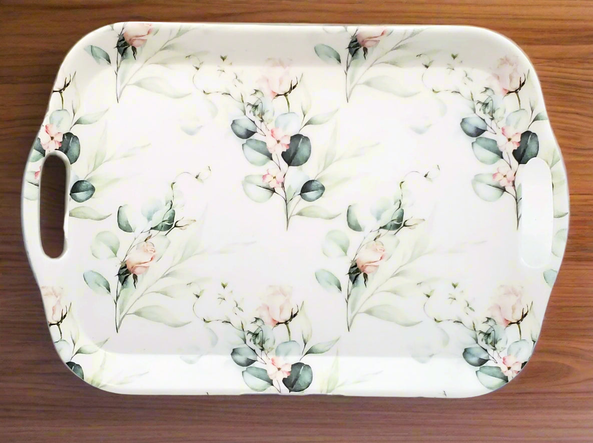 15x10.5 Inch White Melamine Serving Tray with Floral Design - Perfect for Breakfast in Bed, Party Appetizers, and Home Decor