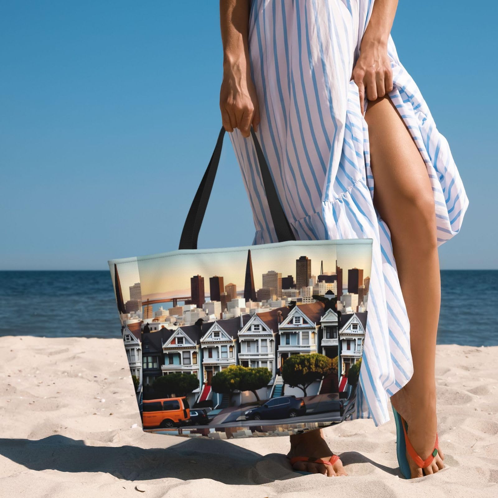 NOUZU San Francisco Print Beach Tote - Extra Large Travel Bag for Women (Black) - Beach & Vacation Essential