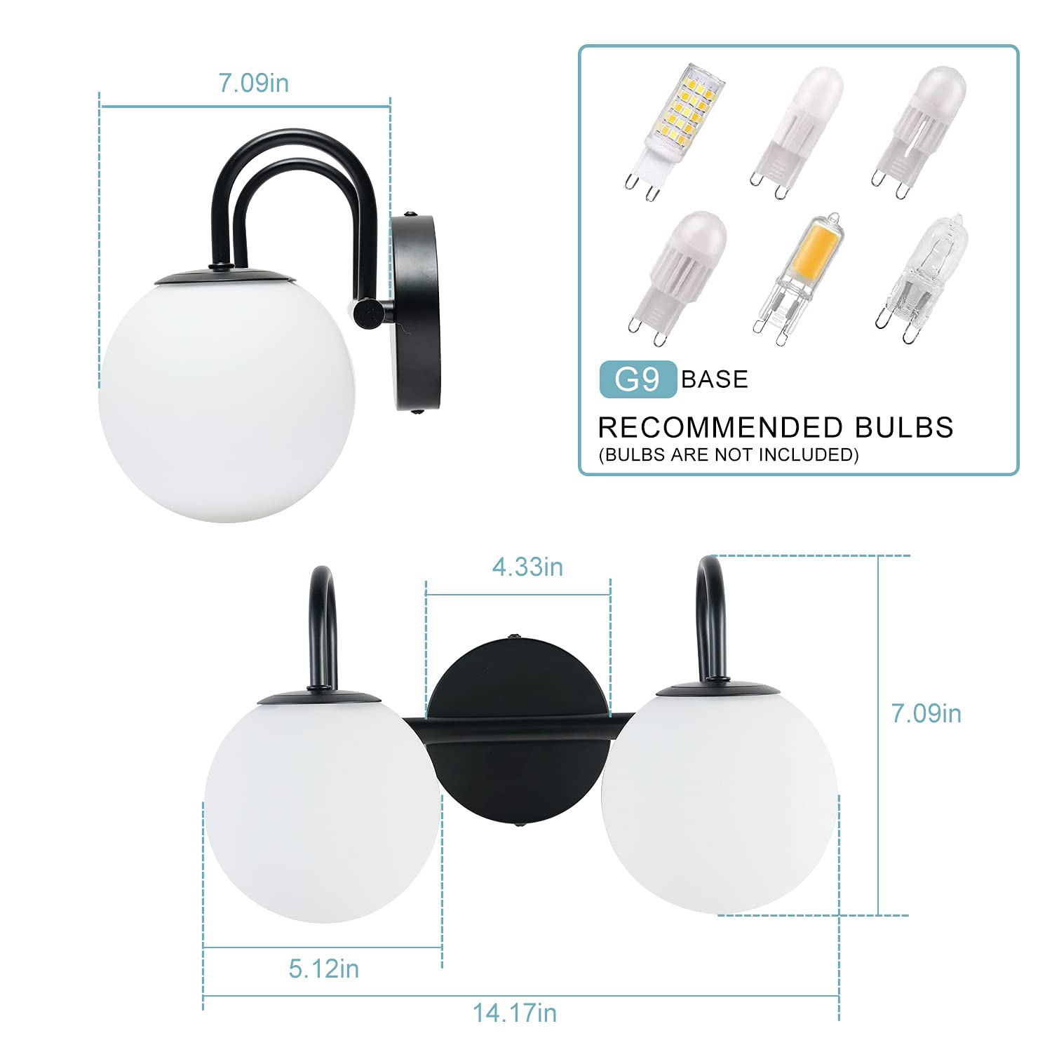 Mid Century Modern Vanity Lights for Bathroom - Black Metal Frame with Milk White Frosted Glass Globe - 2 Light Wall Sconce (7.09