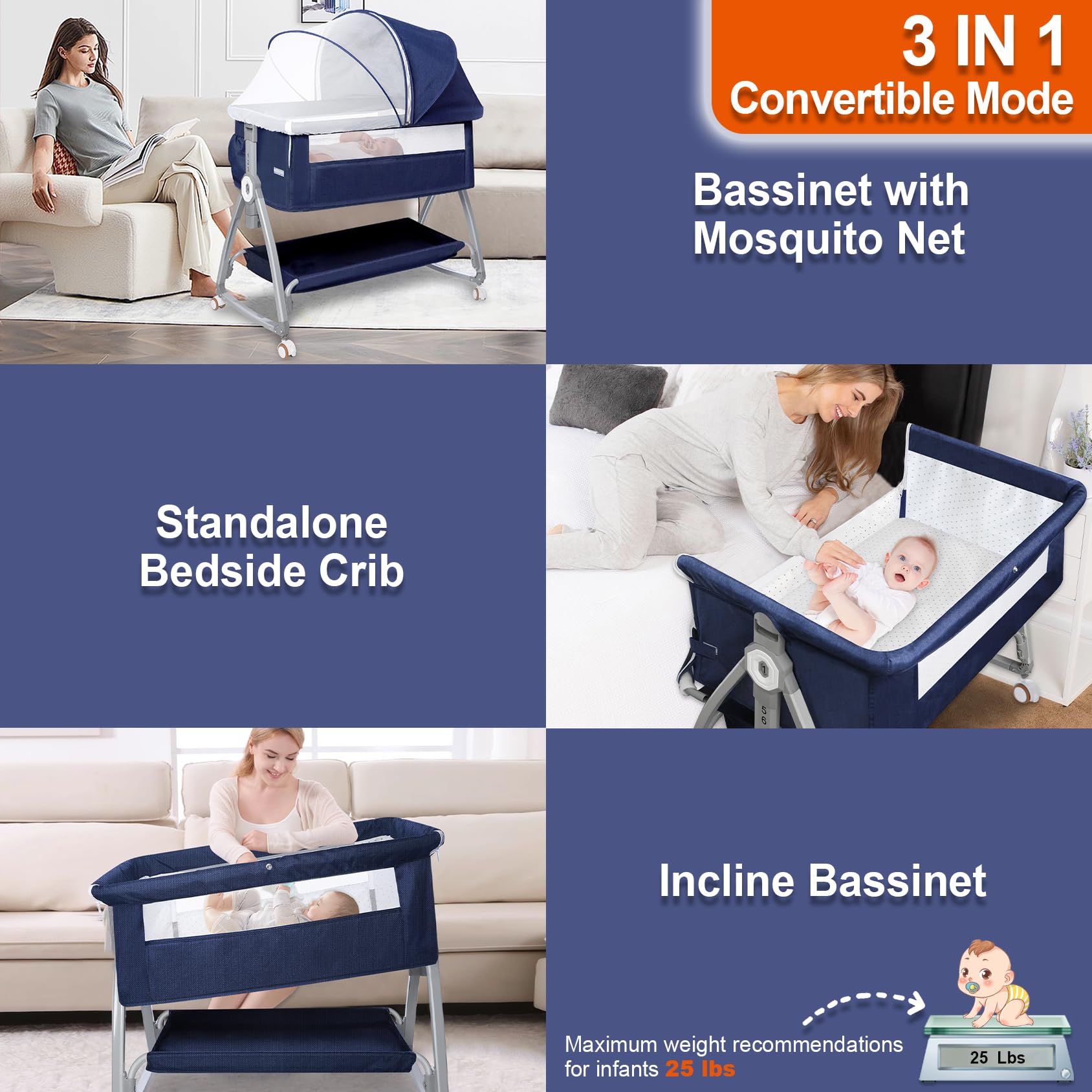 YTHFGRT 3-in-1 Adjustable Baby Bassinet Bedside Sleeper - 6 Height Levels & Auto-Lock Wheels - Portable Crib for Newborns & Infants - Perfect for Breastfeeding, Co-Sleeping & Nursery Room