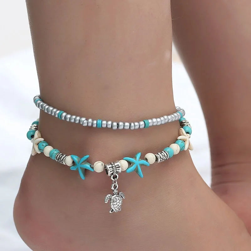 Boho Turquoise Glass Beaded Anklet Bracelet for Women - Handmade Adjustable Ankle Chain Jewelry | Perfect for Beach, Festival, Summer Outfits & Boho Style Accessories | X1805