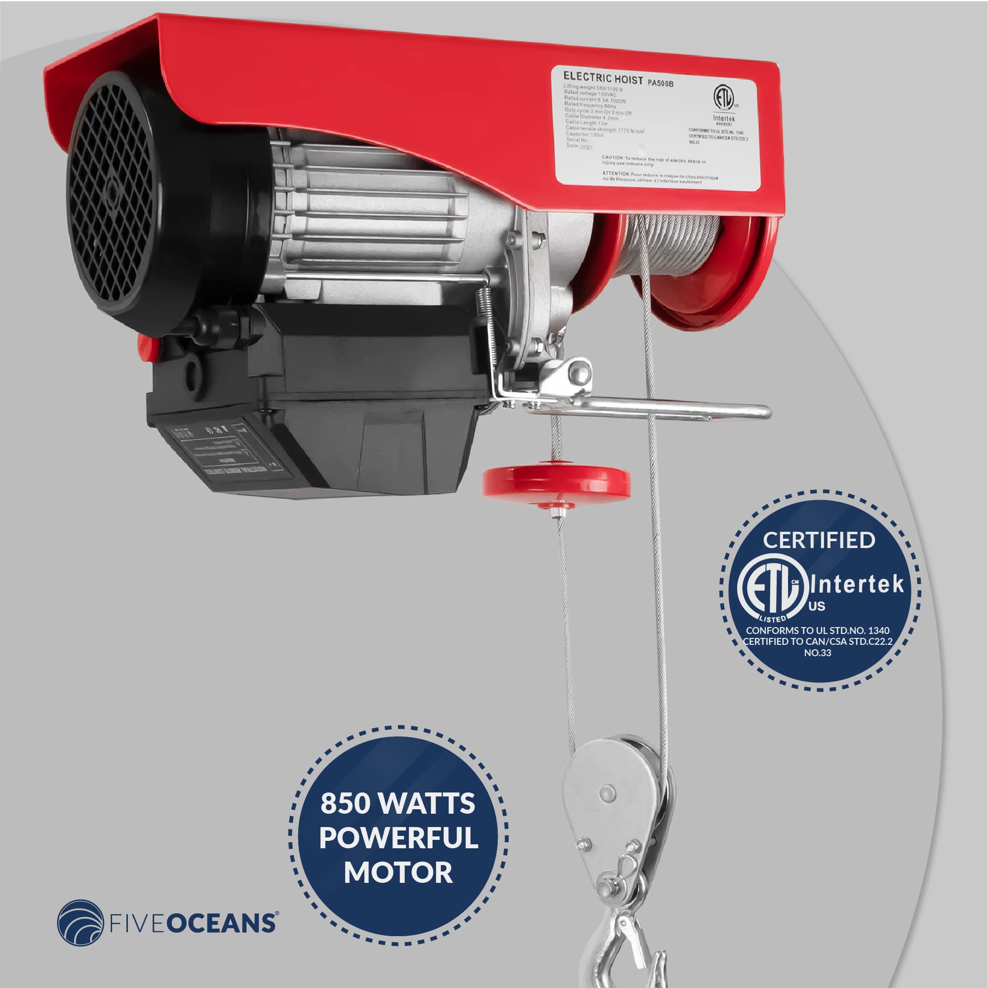 Five Oceans 880 Lb Electric Hoist with Wireless Remote Control - 110V Heavy Duty Winch & Pulley System for Garage, Workshop, Construction, and Industrial Lifting