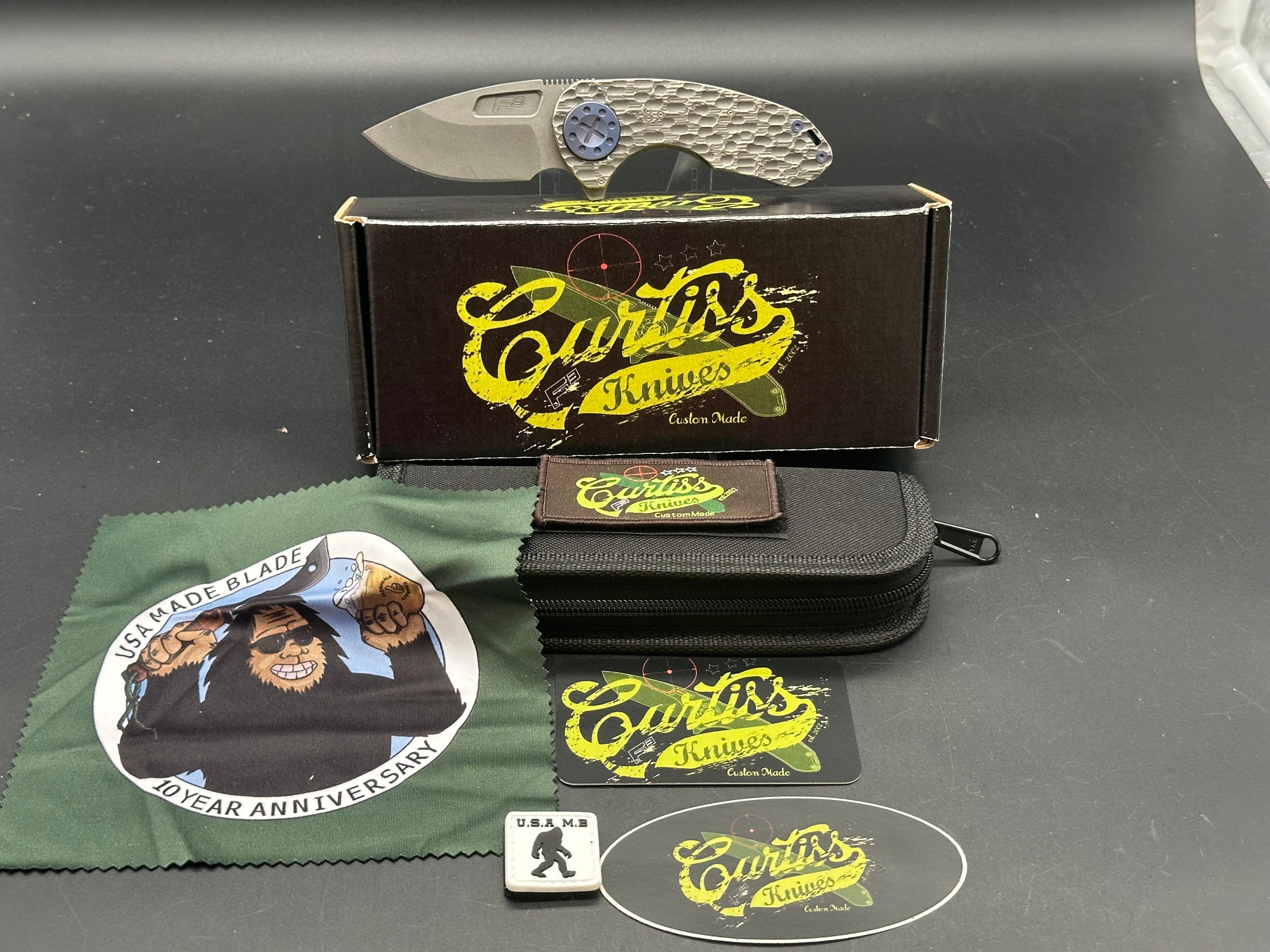 Curtiss Custom Knives F3 Compact Slicer Flipper - PM Mill Titanium Handle, Magnacut Steel Blade (Stonewashed Finish, Blue) - EDC Pocket Knife for Outdoor, Camping & Everyday Carry