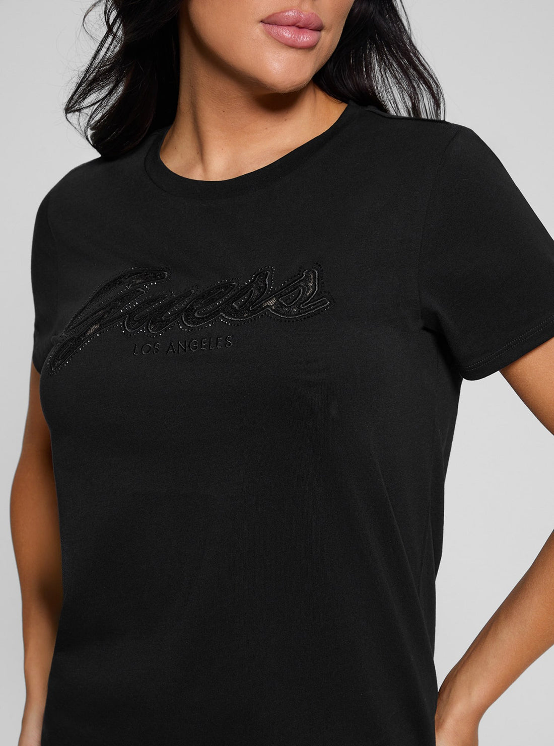 Eco-Friendly Black Script Lace Logo T-Shirt for Women - Casual Cotton Tee for Everyday Wear, Street Style & Layering