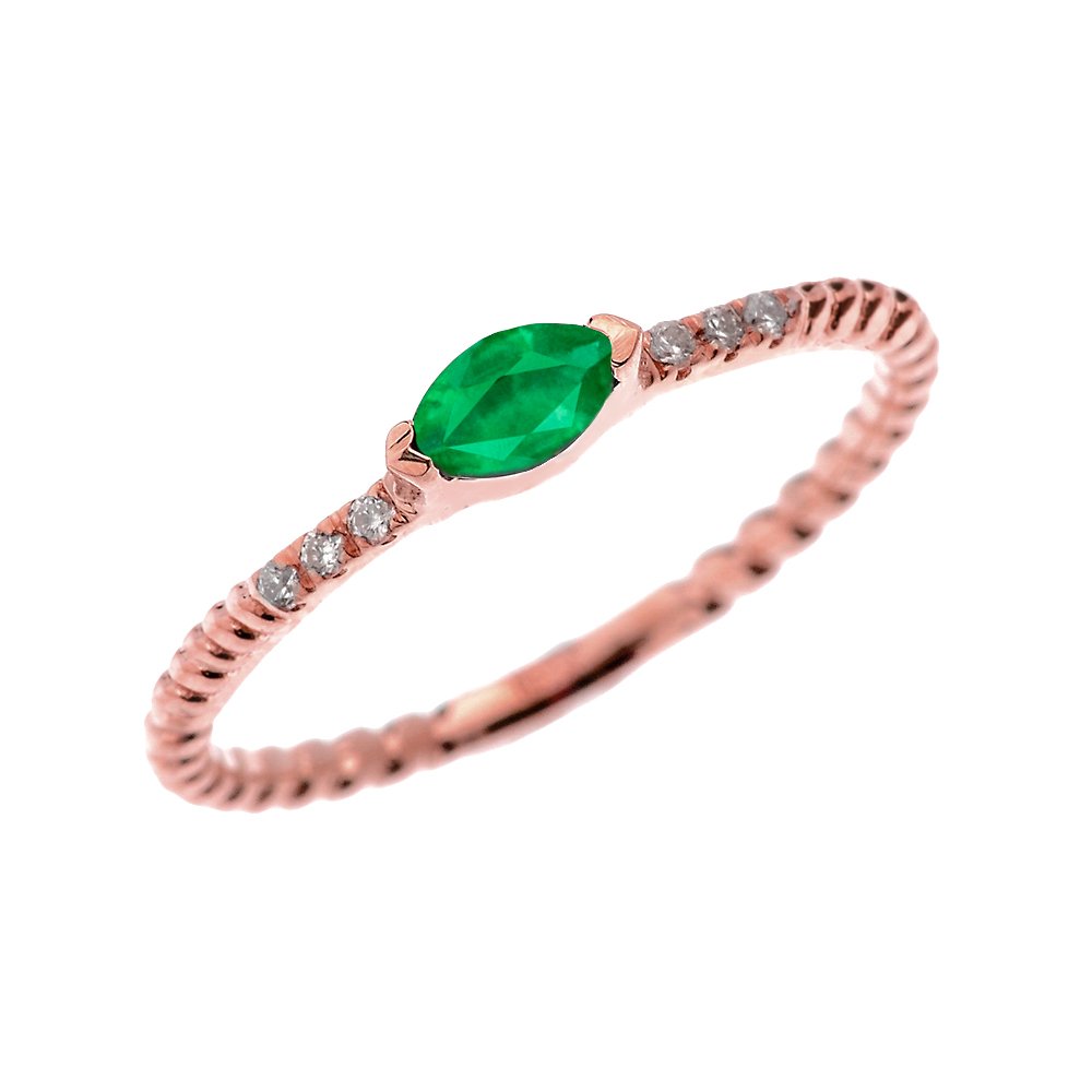 14K Rose Gold Dainty Diamond & Marquise May Birthstone Green CZ Rope Design Stackable Ring for Women - Perfect for Proposals, Anniversaries, and Everyday Elegant Jewelry Stacks
