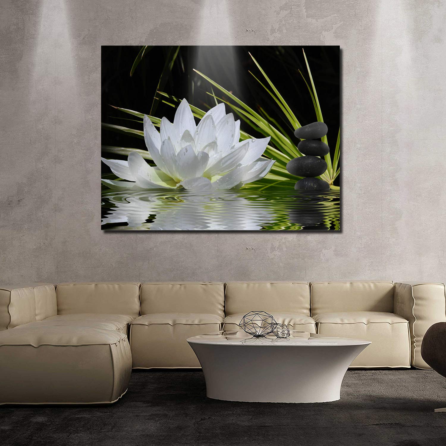 Modern White Lotus & Black Zen Stones Canvas Wall Art - 12x16 Inch Stretched Framed Ready to Hang - Giclee Print Gallery Decor for Living Room, Bedroom & Office