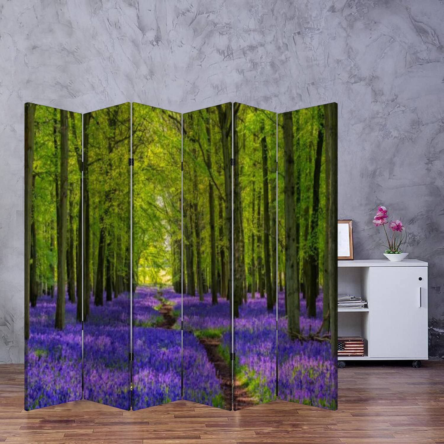 Wooden Folding Room Divider with Bluebells Print - 6-Panel Canvas Privacy Screen, Dual-Sided Partition Wall for Home & Office Decor | Perfect for Living Rooms, Bedrooms, and Studio Spaces