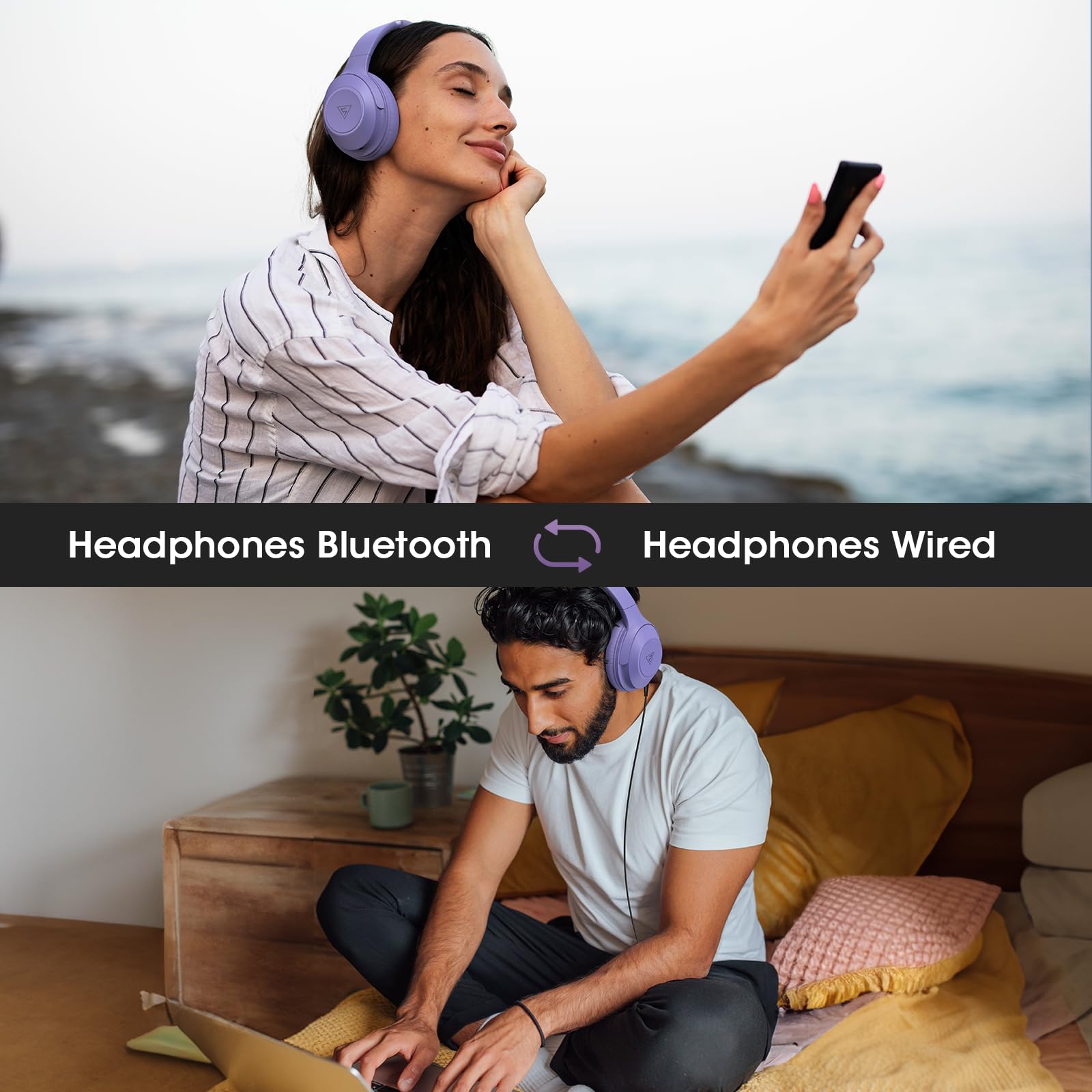 DOQAUS Wireless Bluetooth Headphones with Microphone - 70 Hours Playtime, Hi-Fi Stereo Sound, 3 EQ Modes, Foldable Design for iPhone, Android, PC - Perfect for Travel, Office & Gaming (Purple)
