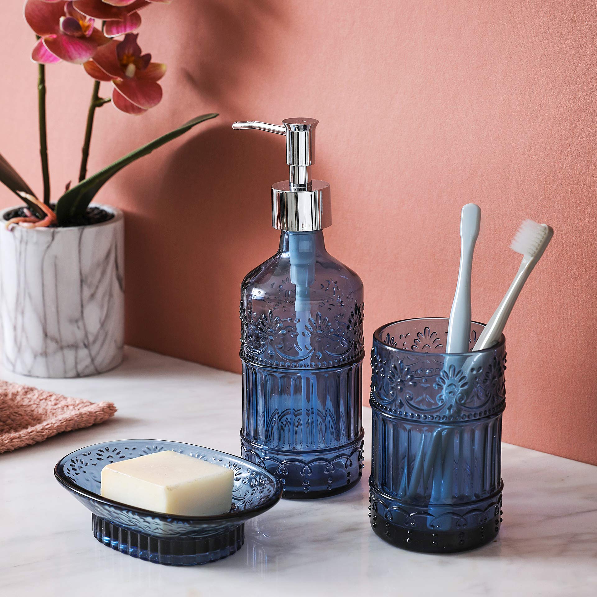 4-Piece Blue Glass Bathroom Accessories Set - Soap Dispenser, Toothbrush Holder, Vanity Tray & Jar - Elegant Boho Style Countertop Organizer for Bathroom Decor - Perfect for Modern, Farmhouse or Coastal Style Homes