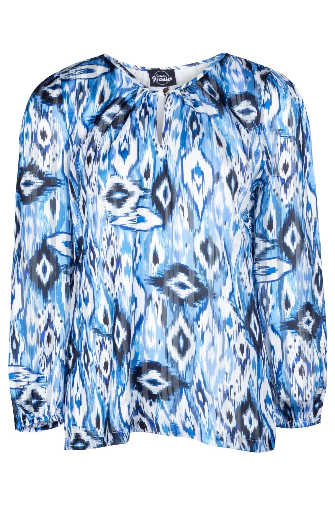Printed Chiffon Blouse - Black & Blue Aztec Pattern Women's Tunic Top 7121B1 | Boho Chic Style for Casual Wear, Office & Date Night