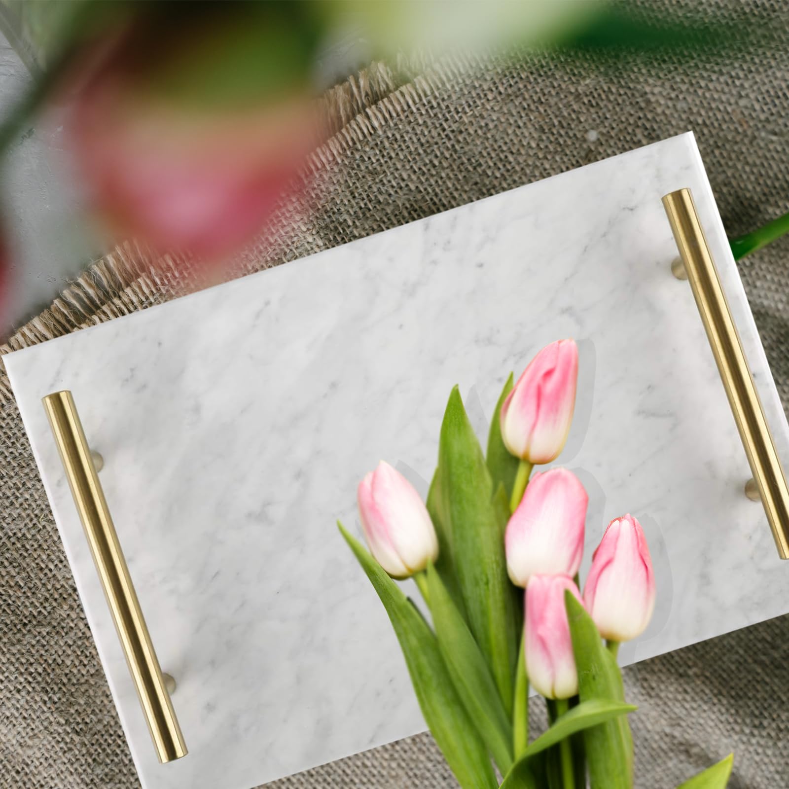 HighFree Handmade Marble Stone Decorative Tray with Copper Metal Handles - Elegant Vanity Organizer for Counter, Dresser, Nightstand & Desk (White) | Perfect for Jewelry Display, Bathroom Essentials & Home Decor