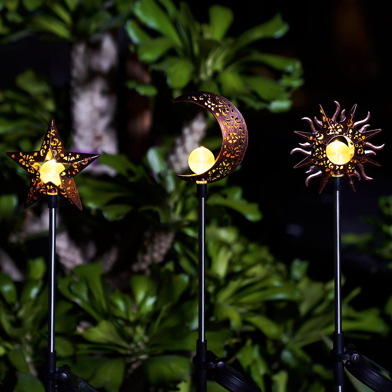 Solar Lights Outdoor Garden Decorations - Waterproof Warm White LED Stake Lights for Pathway, Lawn, Patio & Backyard | Sun Moon Star Design | Perfect for Courtyard, Yard & Landscape Lighting at Night