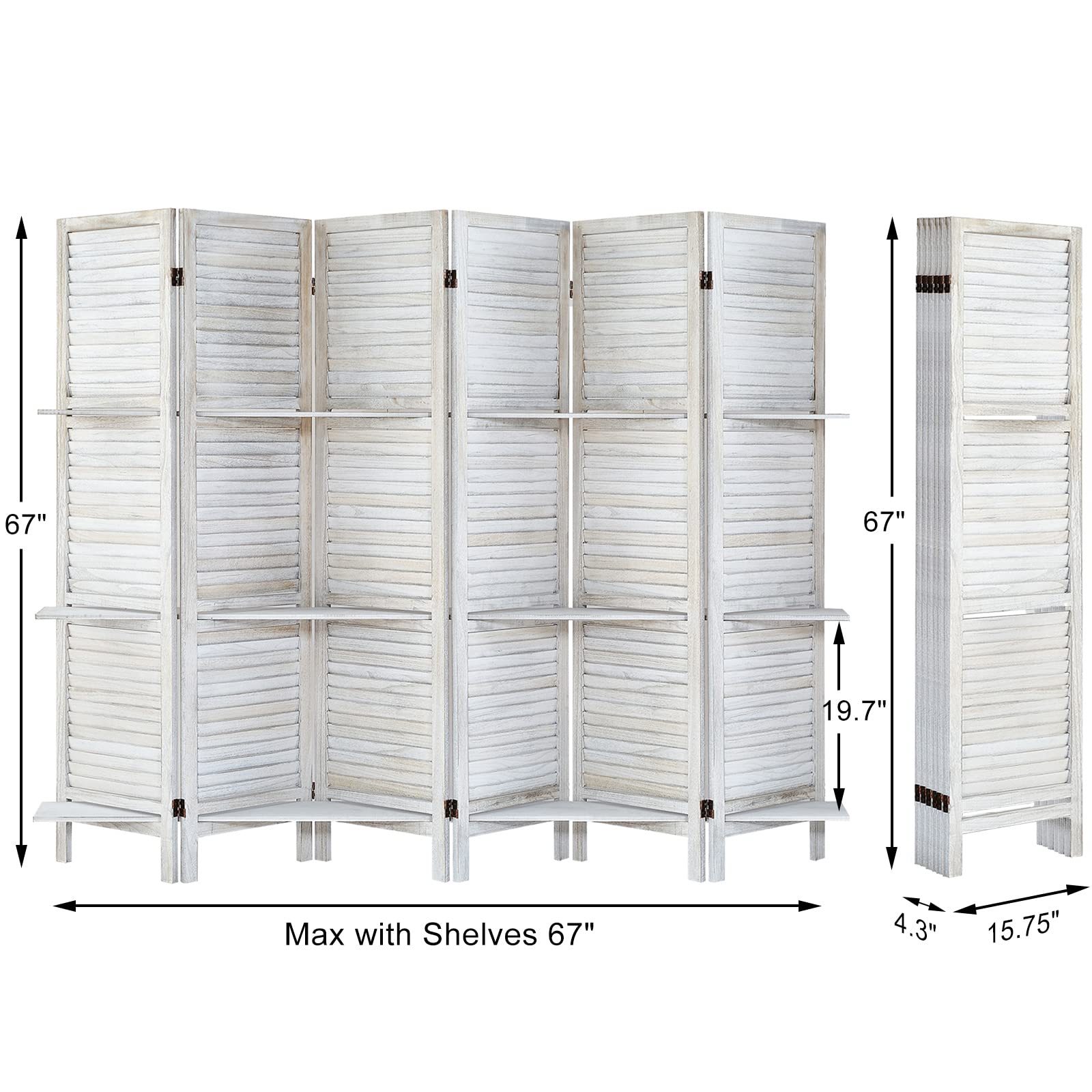 6-Panel Wood Room Divider with Shelves - Folding Privacy Screen & Temporary Wall Partition - Natural Coconut Finish for Home Office, Bedroom & Studio Separation