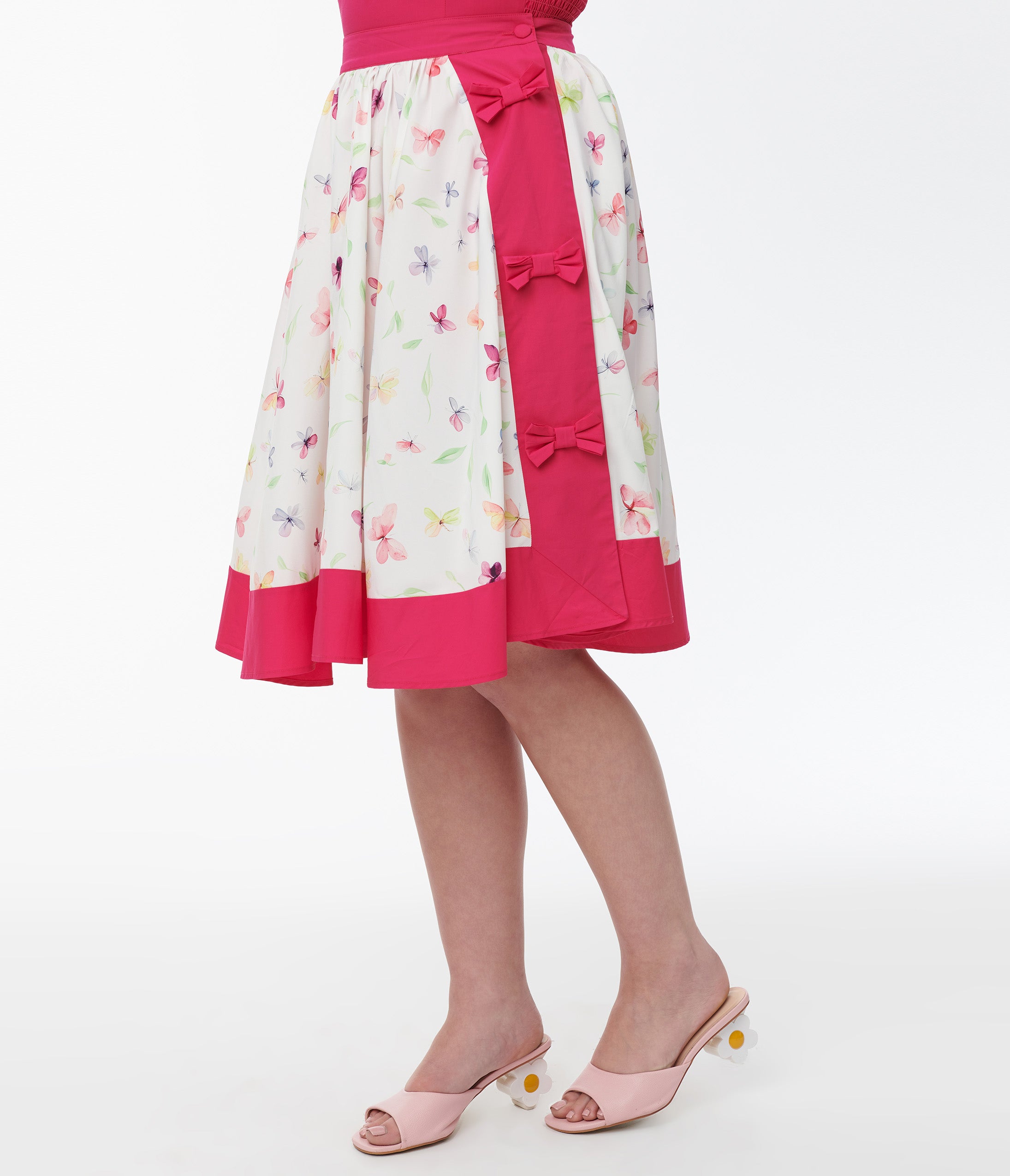 Vintage 1950s Hot Pink & White Butterfly Print Swing Skirt - Retro 50s Style Flared Skirt for Women, Perfect for Swing Dancing, Vintage Themed Parties & Casual Wear