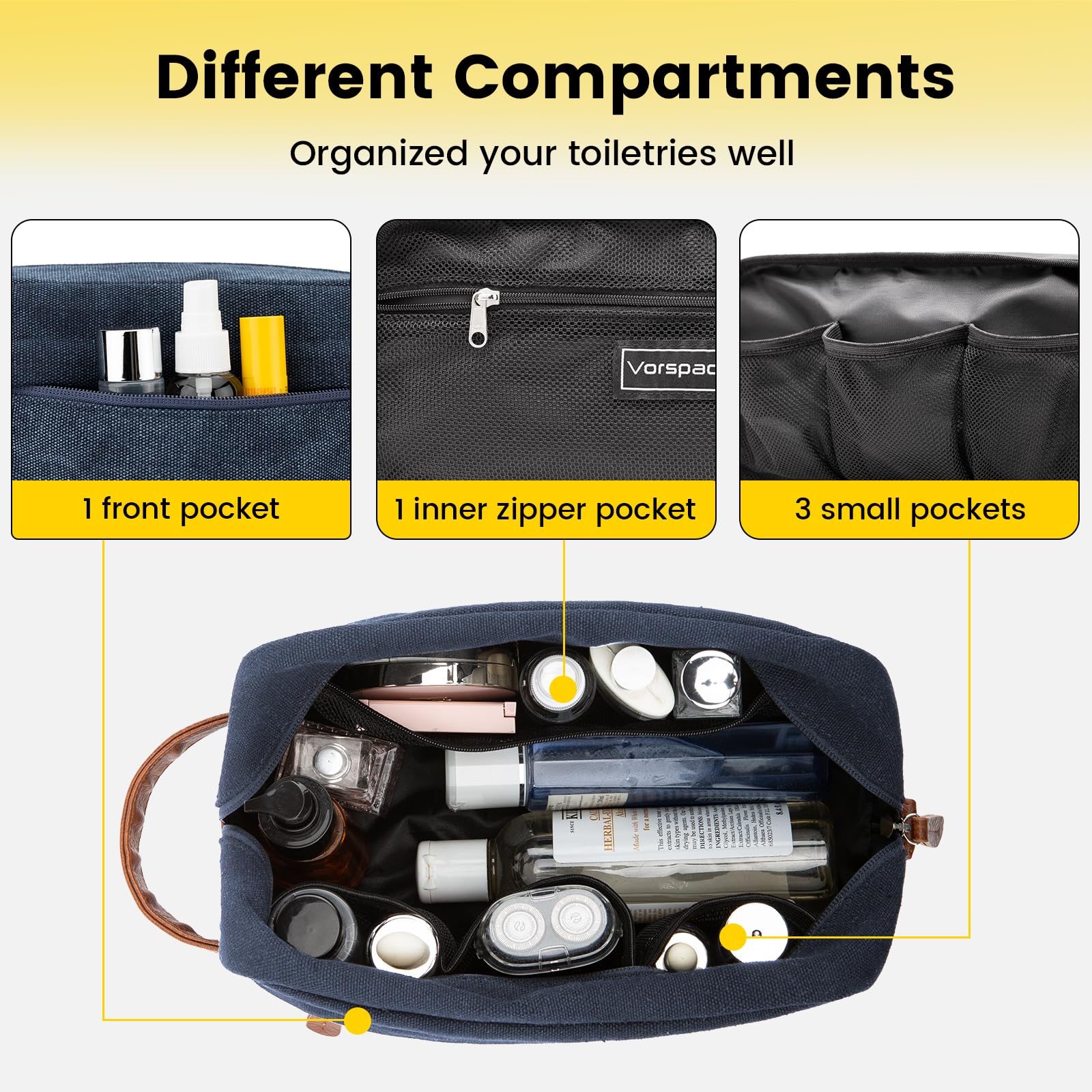 Vorspack Waterproof Hanging Toiletry Bag for Men - Large Capacity Travel Dopp Kit, Durable Canvas Shaving Organizer (Navy Blue) - Perfect for Camping, Gym & Business Trips