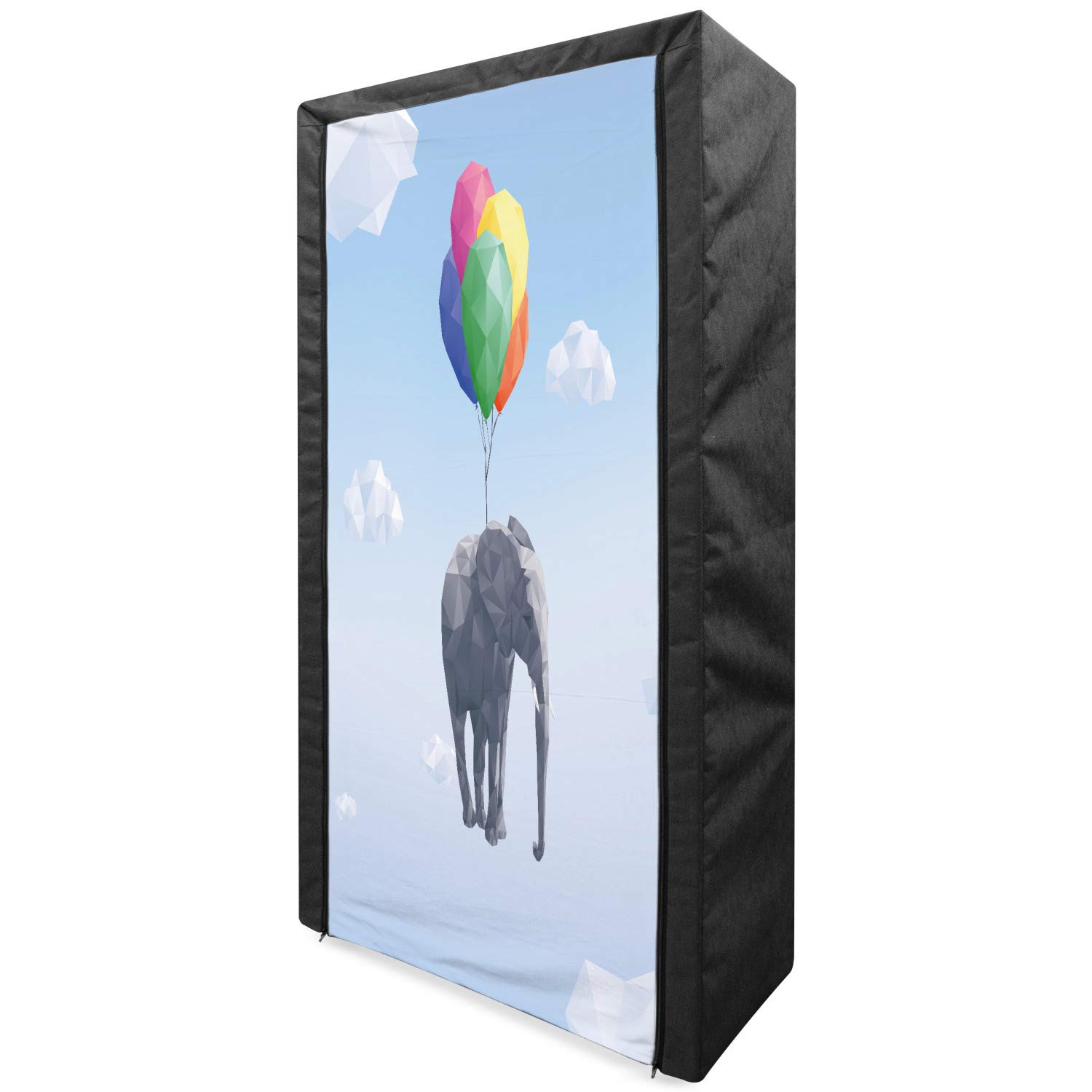 Ambesonne Animal Portable Fabric Wardrobe - Elephant with Colorful Balloons Geometric Polygonal Art Design, 33.5 Inch Multicolor Clothing Organizer with Shelves | Perfect for Bedroom, Dorm, Kids Room & Travel Storage